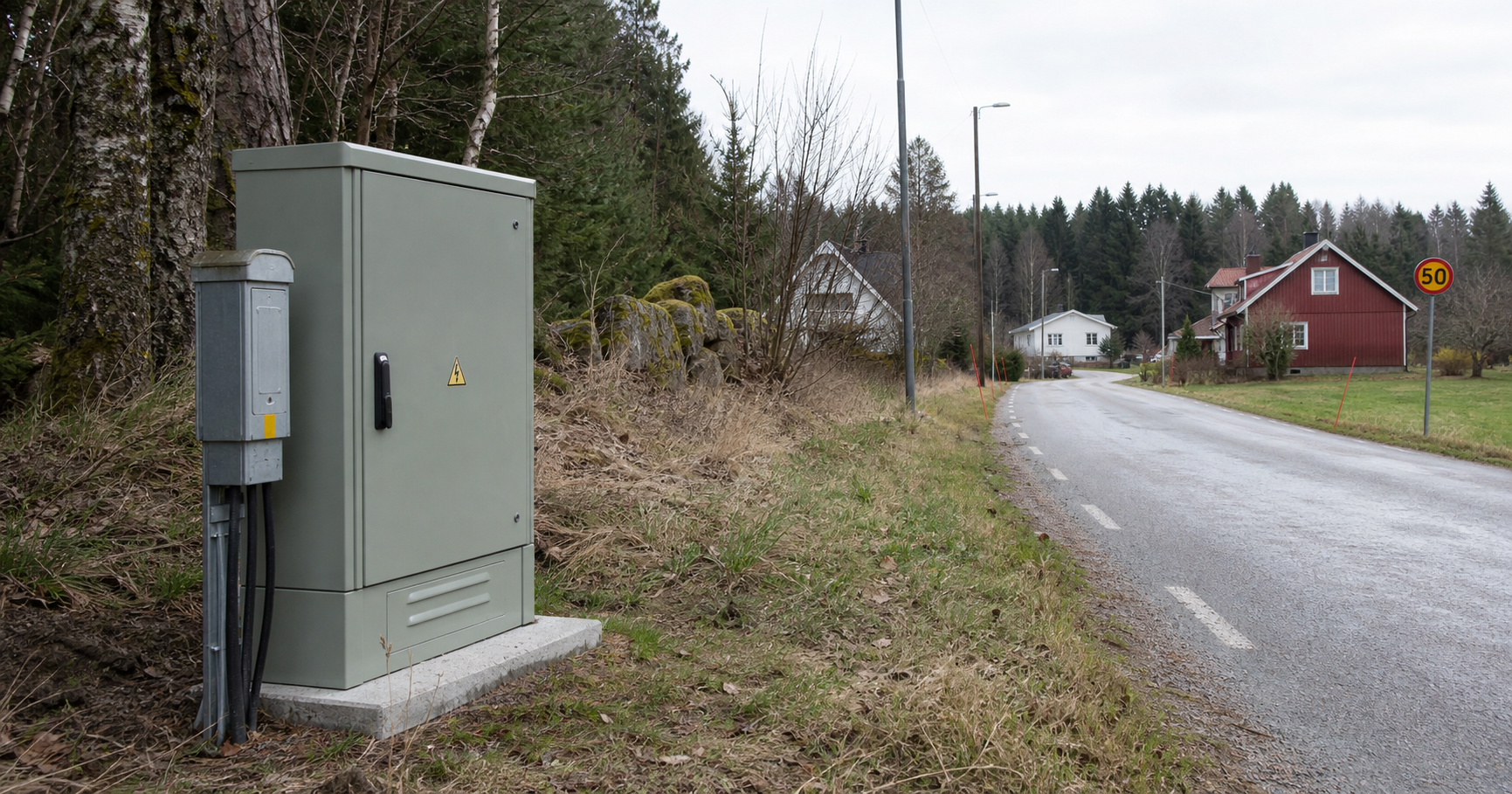 A roadside telecom cabinet in a rural Swedish setting, illustrating the kind of local fiber infrastructure that a small network operator like Mjoback Overlida Fiber Ekonomisk forening might deploy.