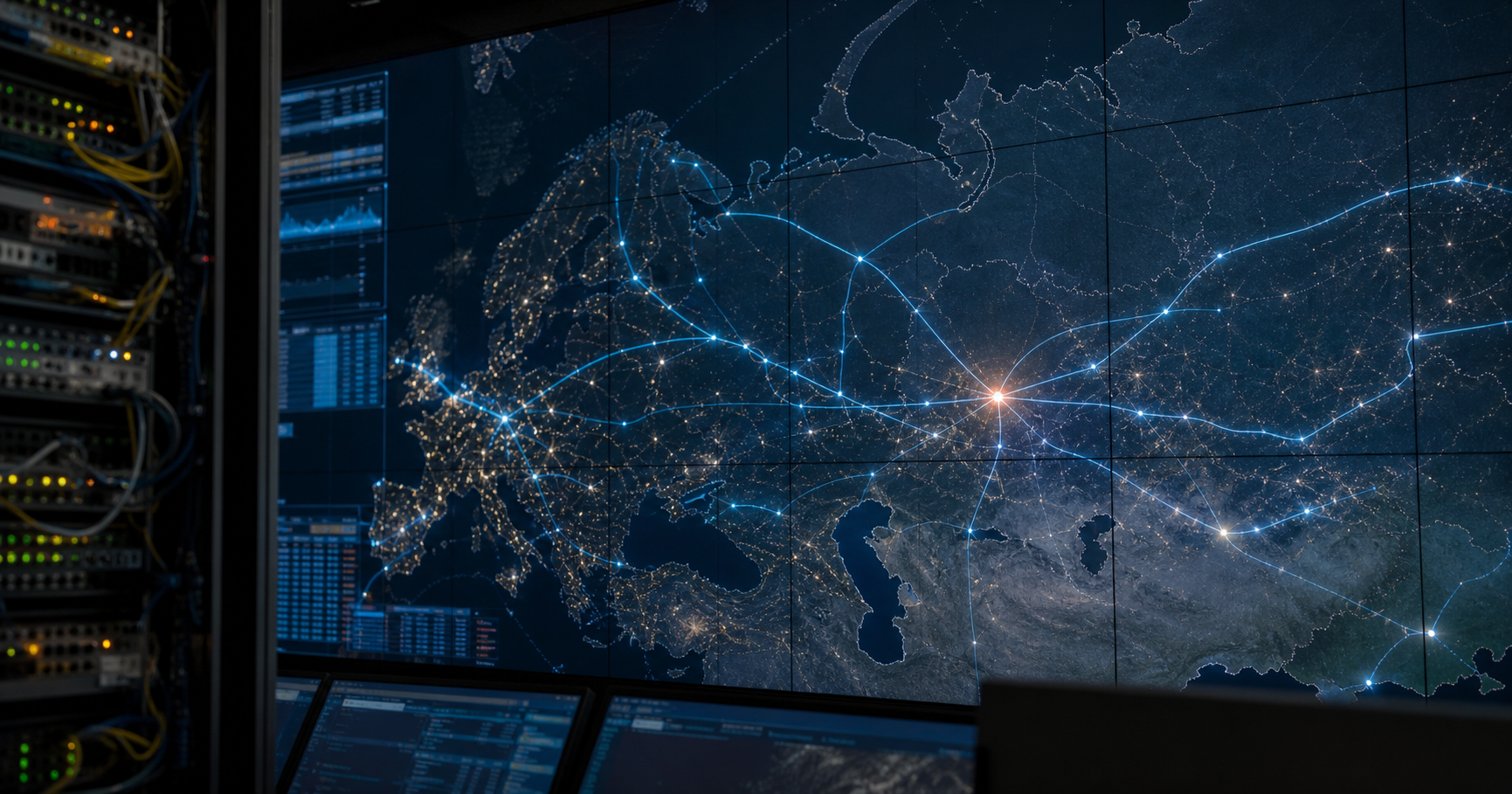 Abstract digital network map with glowing nodes and lines, representing global internet routing, with a highlighted node labeled AS211347 in the Samara region.