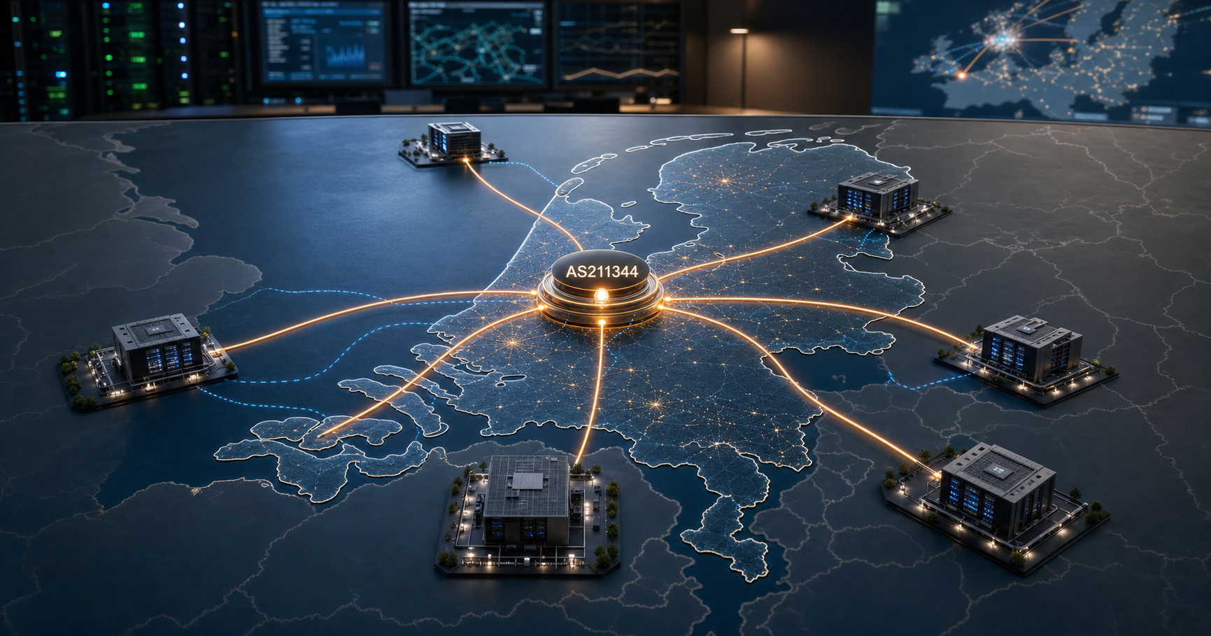 Abstract visualization of internet routing paths emanating from a central node labeled AS211344, set against a map of the Netherlands with network connection lines.