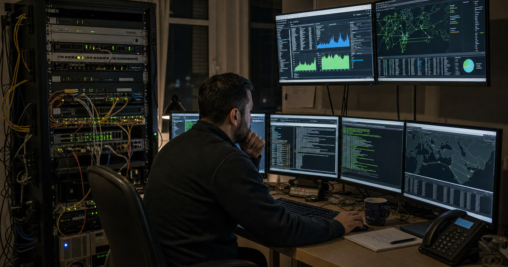 A solitary figure in a dimly lit network operations center, monitor glow reflecting off their face, surrounded by networking equipment.