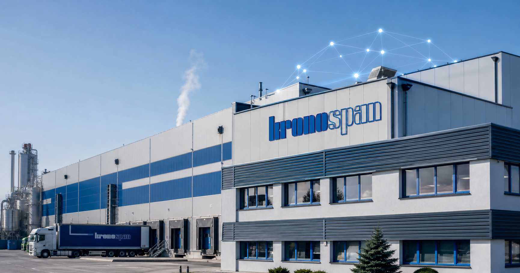 Exterior of a Kronospan facility in Poland symbolizing the company's link to internet infrastructure.