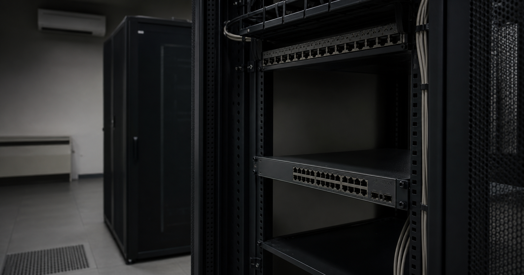 Dormant server room with dark network equipment and a monitor displaying 'No prefixes announced' for AS211334.