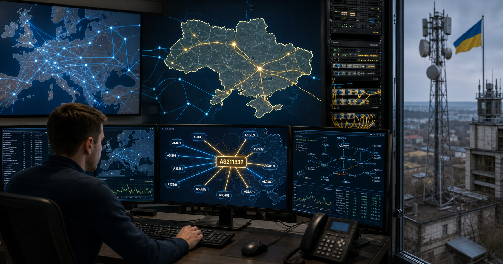 Abstract network map illustrating routing pathways centered on Autonomous System 211332 in Ukraine.
