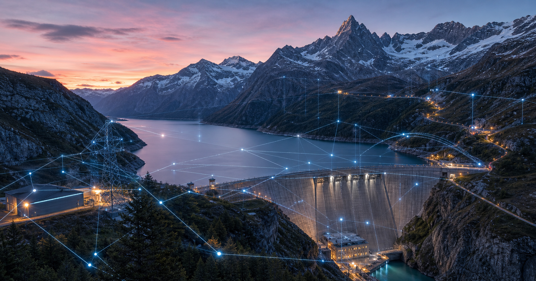 Swiss Alpine energy infrastructure overlaid with glowing network grid and AS211174 tag.