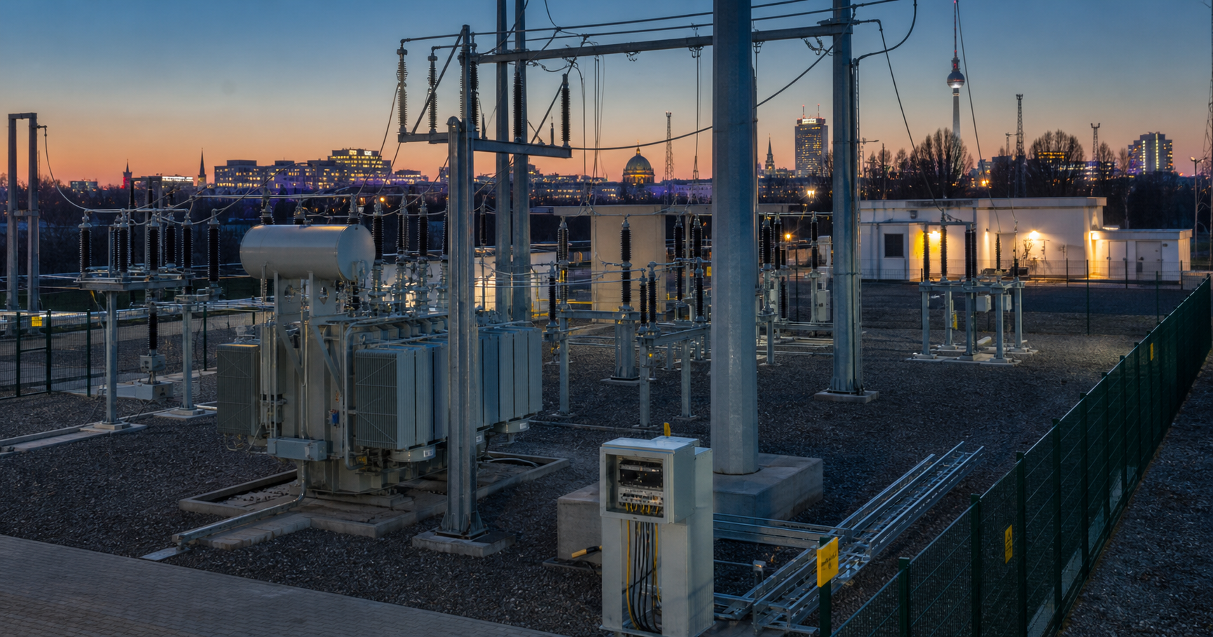 A twilight view of an electrical substation in Berlin with a digital overlay of network nodes and a dormant ASN label.