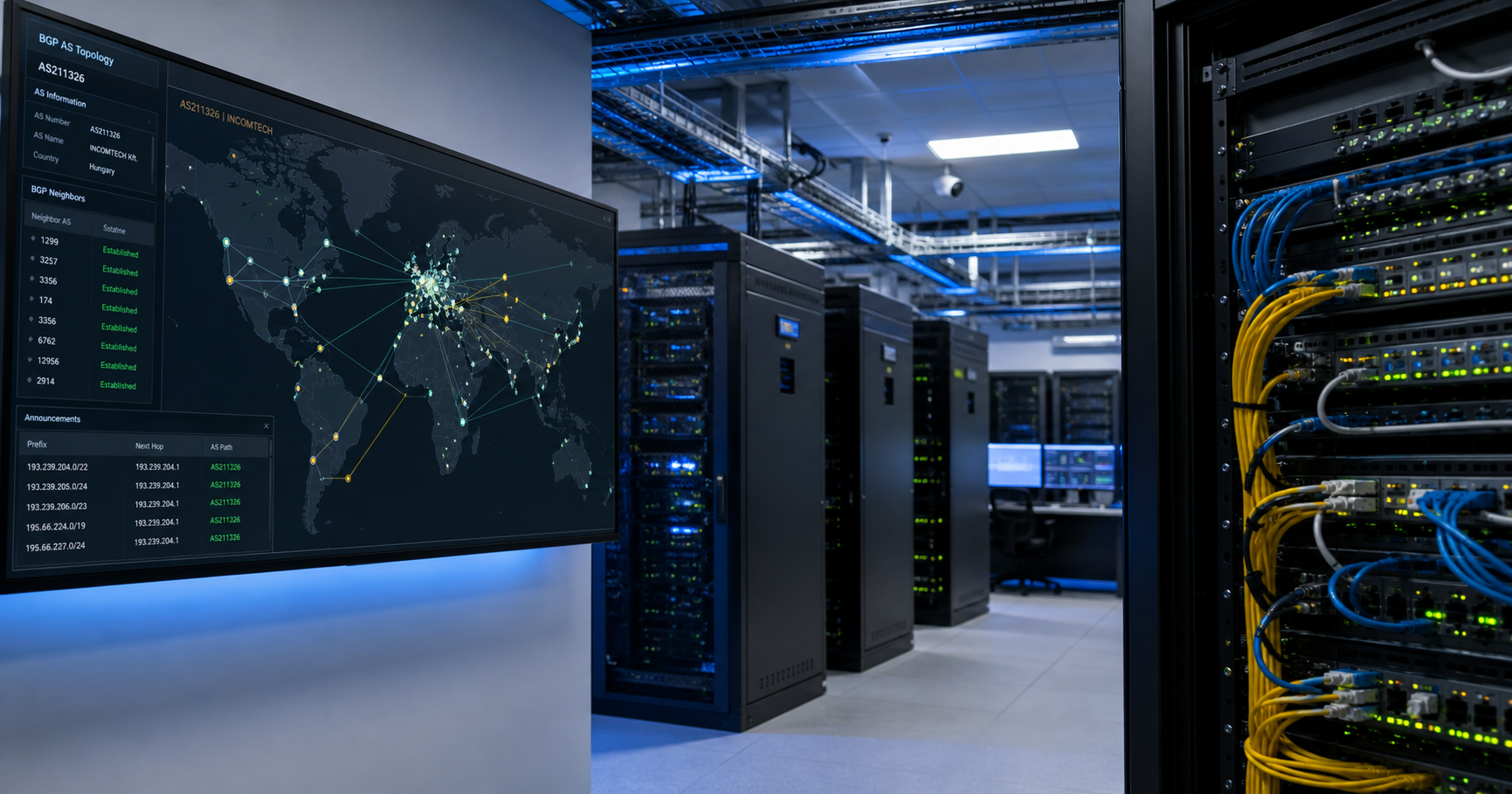 A wide-angle view inside a modern data center with server racks and a large screen showing a BGP routing map, representing the unseen internet routing infrastructure controlled by a single ASN.