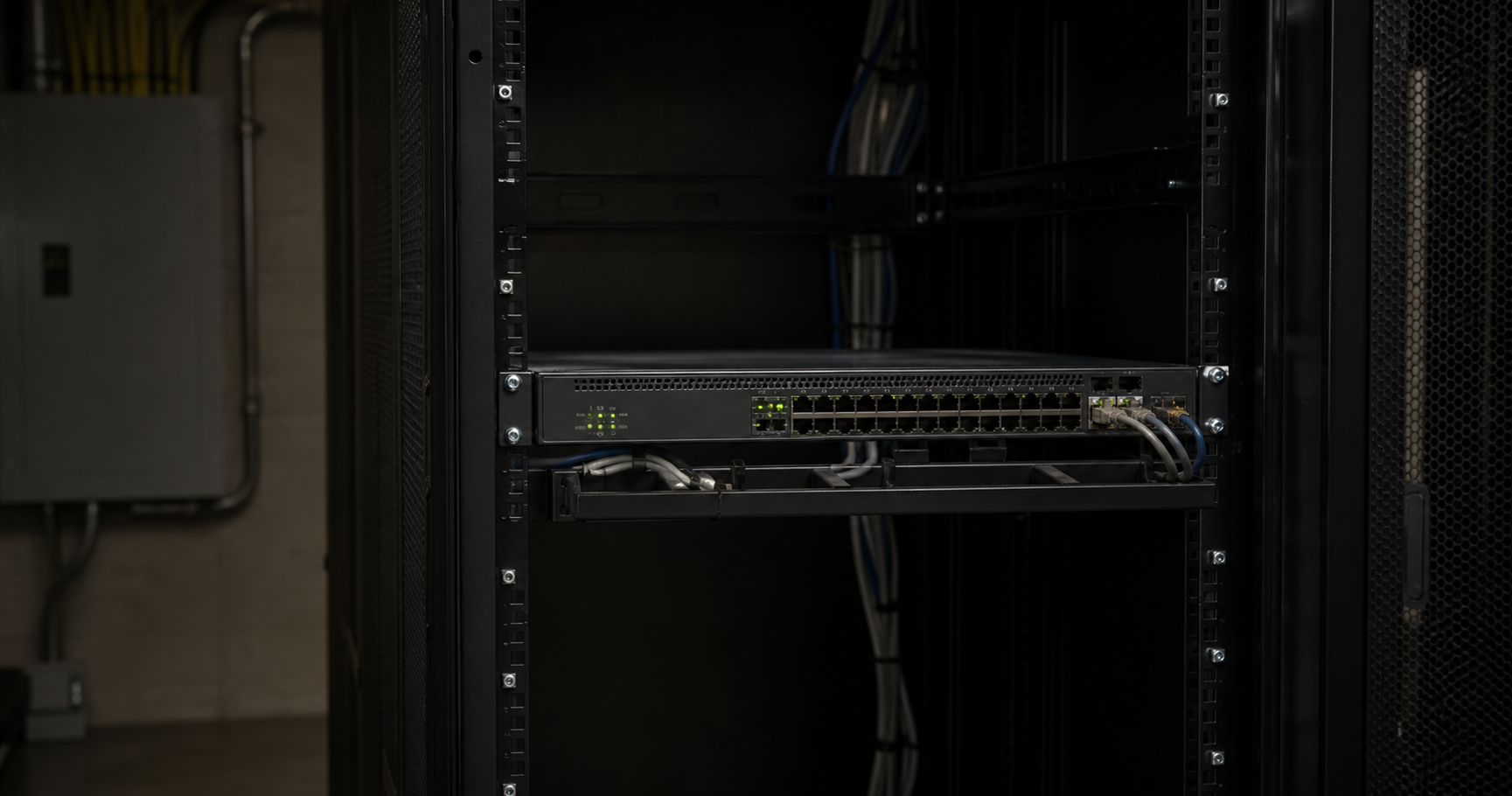 A dimly lit server room with a single rack-mounted switch.