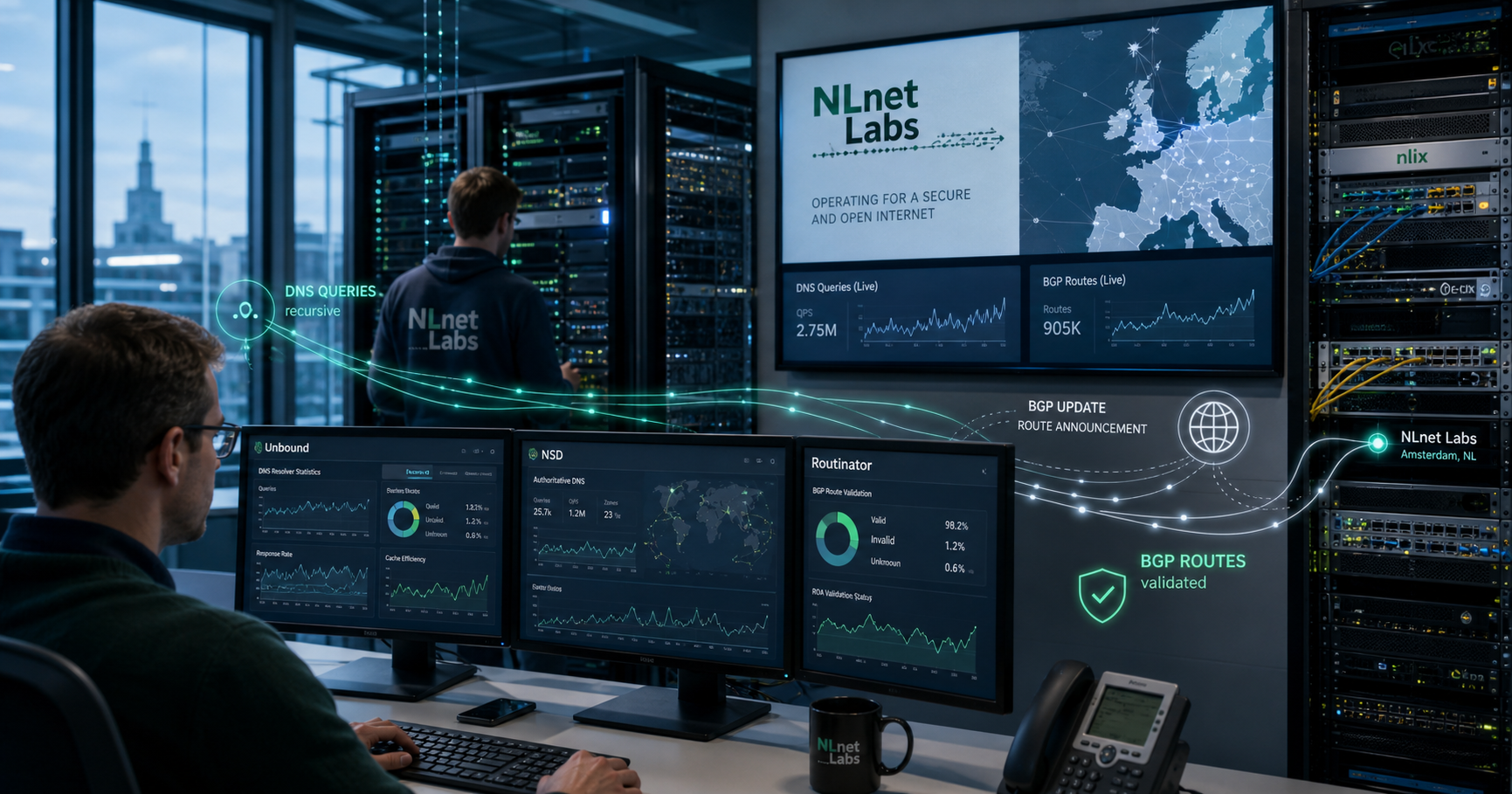 An illustration of a digital network with glowing nodes representing DNS and routing security, with the NLnet Labs logo and software names subtly integrated.