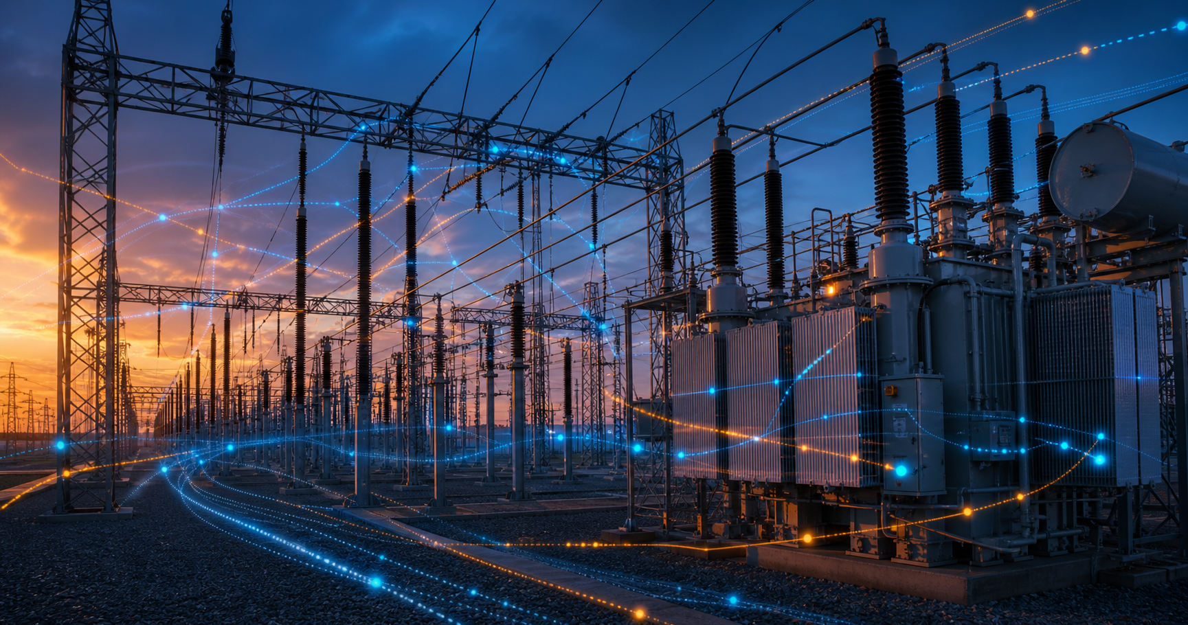 A wide-angle view of an electrical substation at dusk with transmission lines and overlaid digital network lines, symbolising the integration of energy infrastructure and internet routing in Spain.