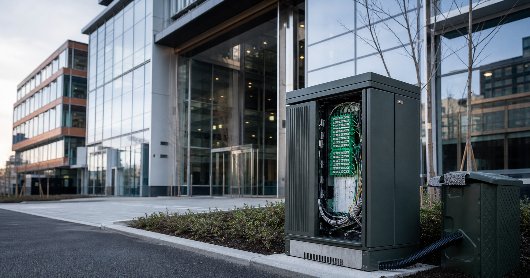 Editorial illustration of a network fiber cabinet in front of an Oslo cityscape, representing Obos Nett AS's latent internet infrastructure role.