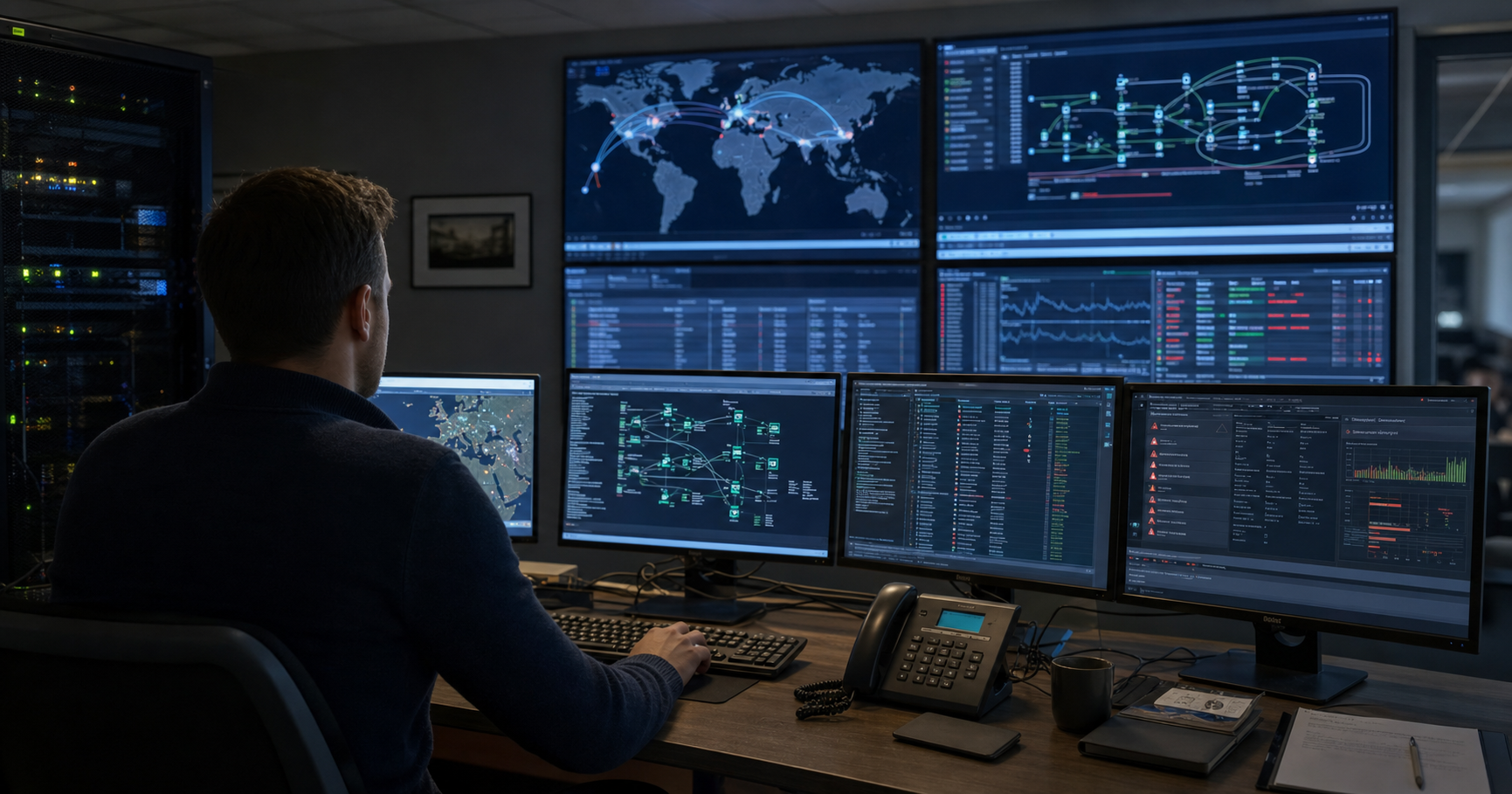 A dark network monitoring room with large screens displaying global routes and warning icons.