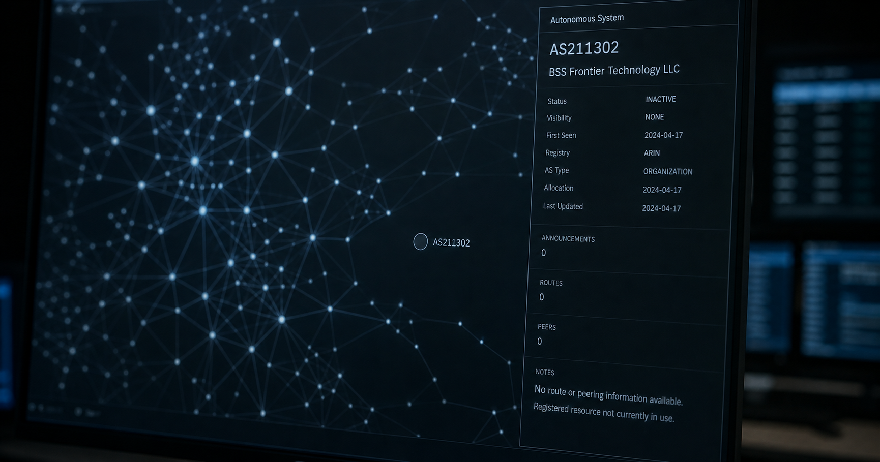 Abstract network map representing the unannounced ASN record of BSS Frontier Technology LLC.