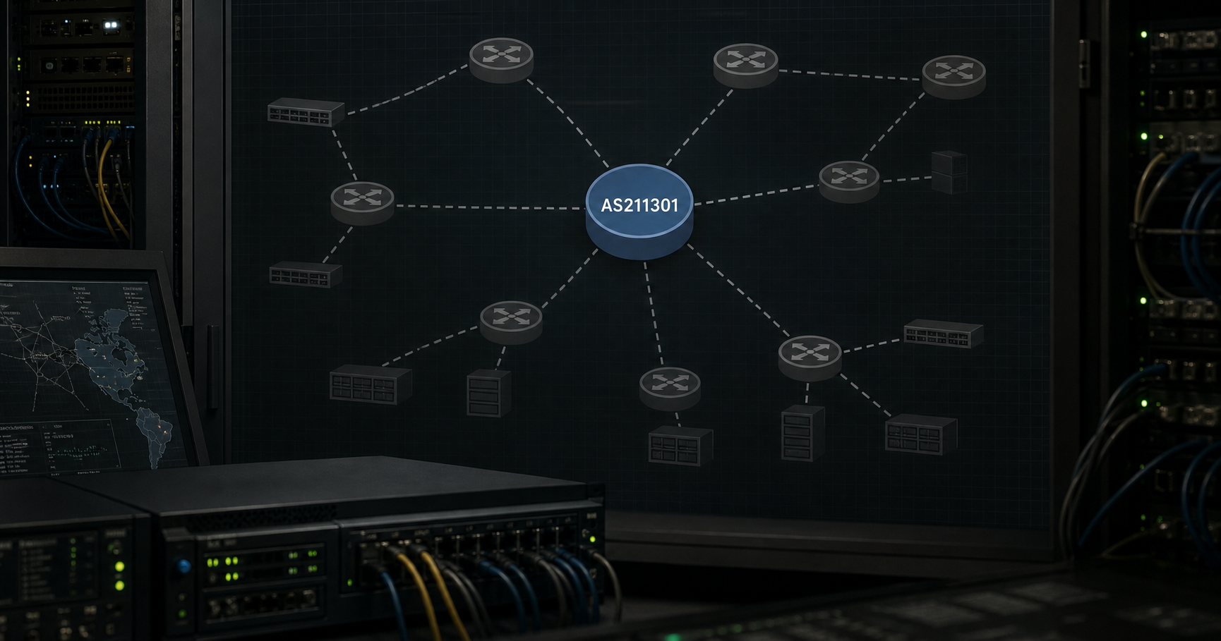 A stylized network map showing a dormant autonomous system node labeled AS211301 in a subdued color, with dashed lines leading to inactive routers, symbolizing an unused routing registration.