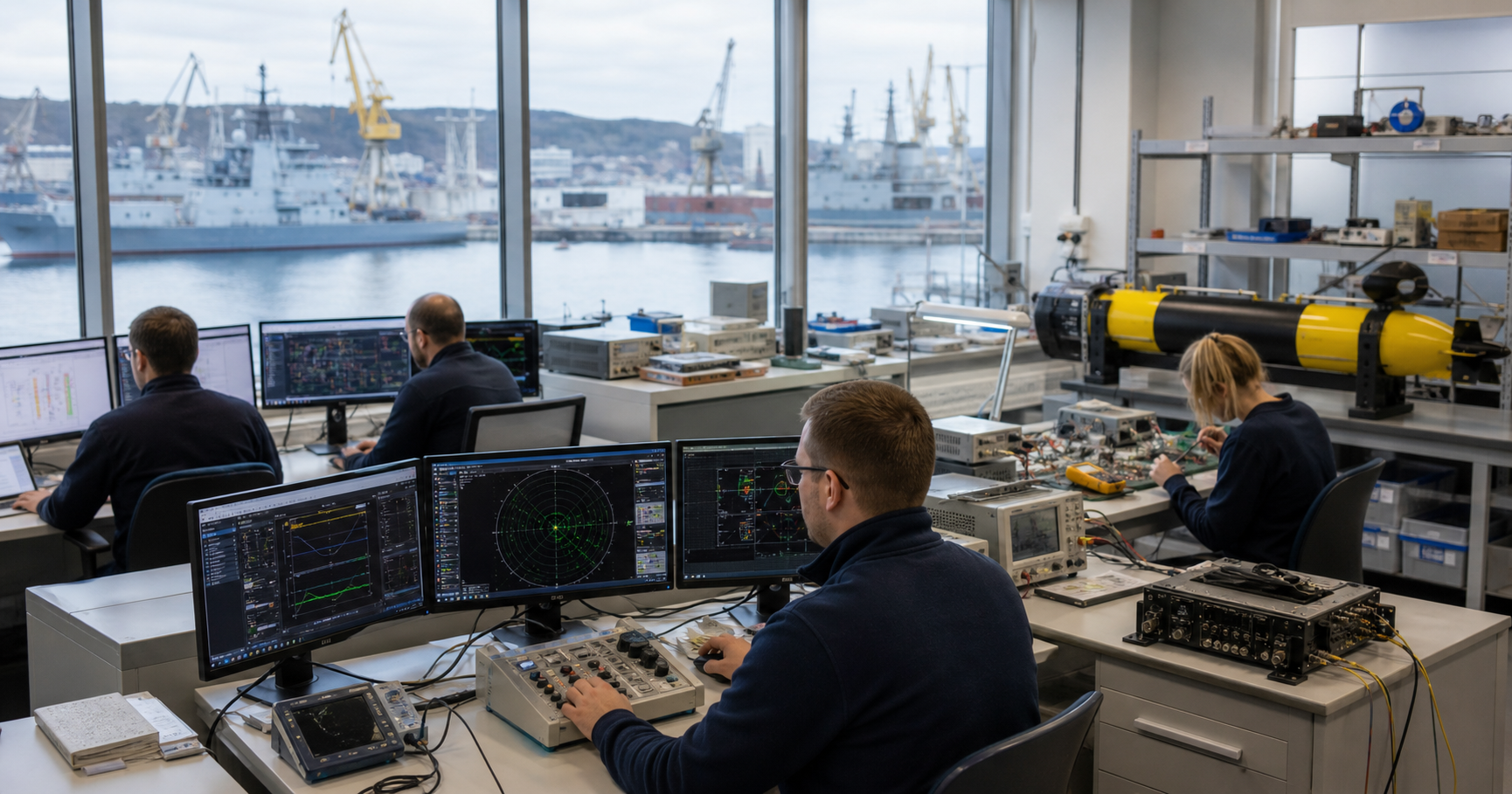 A photograph of a modern maritime defence engineering laboratory with console workstations, radar displays, and a view of a harbour through a window, representing the technological focus of Centrum Techniki Morskiej.
