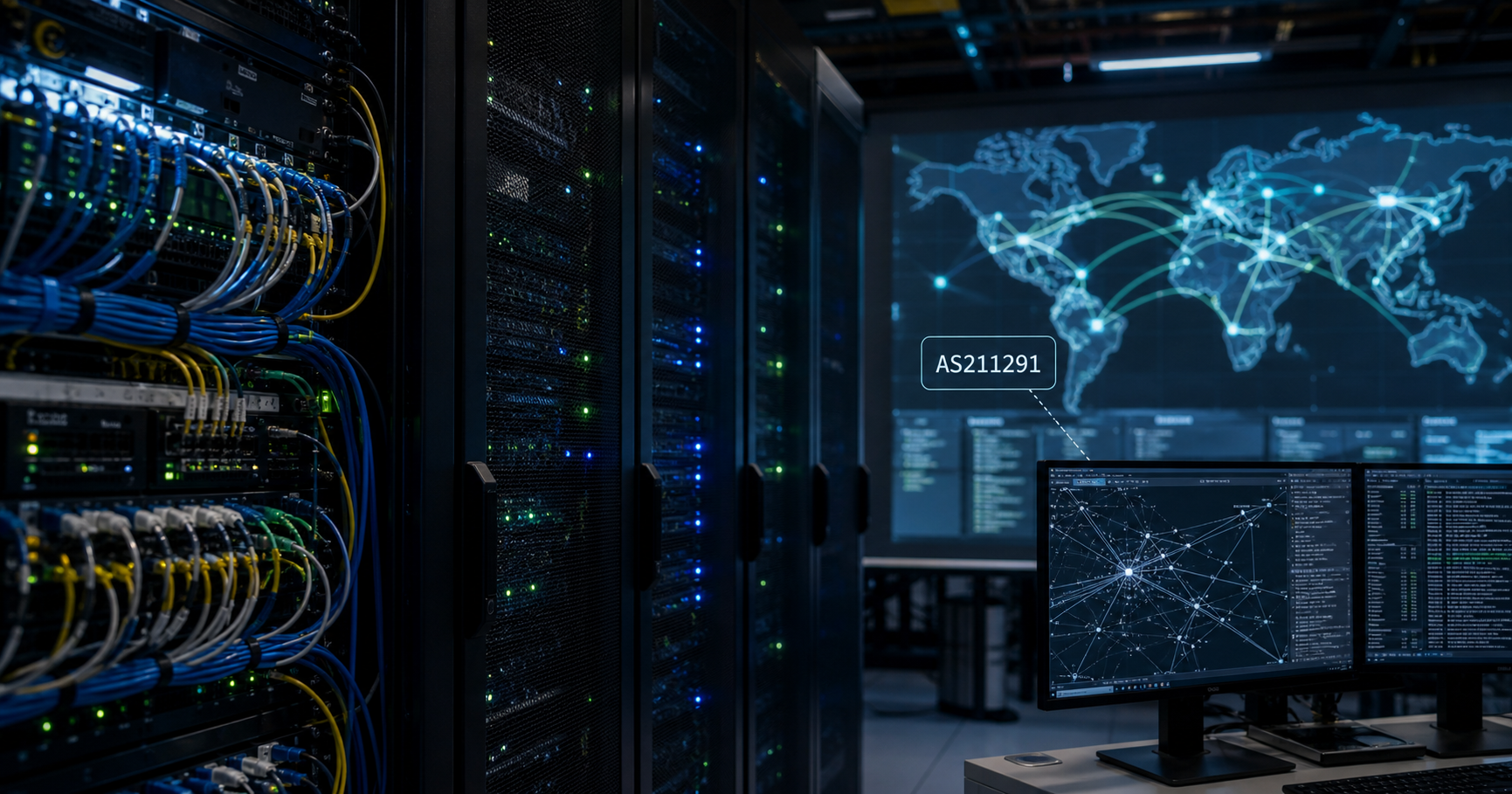 Network topology illustration with fiber cables and datacenter racks, featuring a highlighted AS211291 label.