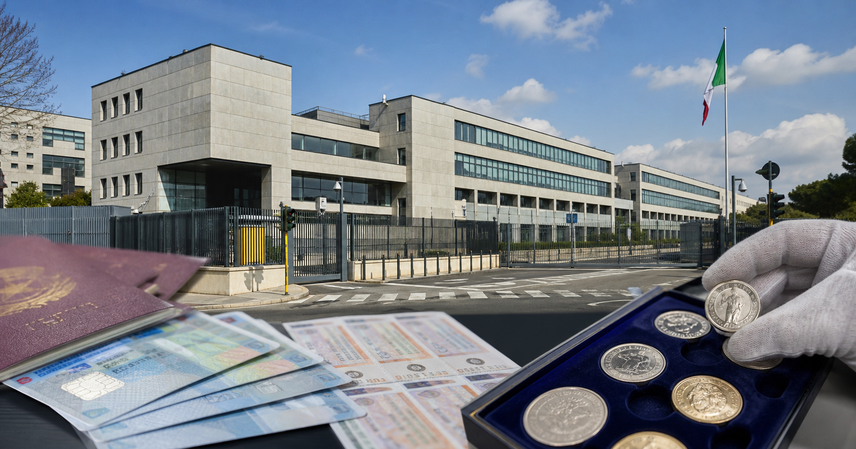 AI-generated editorial image for IT-PZSI Istituto Poligrafico E Zecca Dello Stato - Societa' Per Azioni In Breve "IPZS S.P.A" showing the public operating context described by verified sources: The institute operates as a state supplier delivering secure physical products (currency, official documents, identity cards).