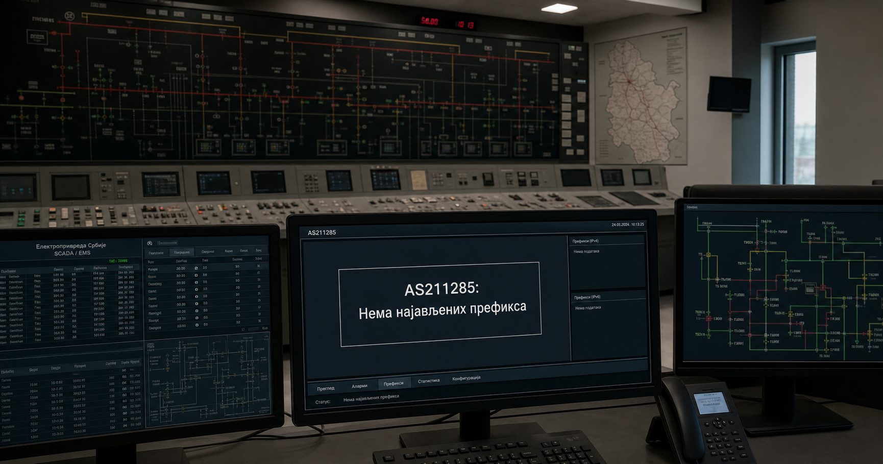 A dimly lit control room in Serbia with a monitor displaying 'AS211285: No Prefixes Announced' in Serbian.