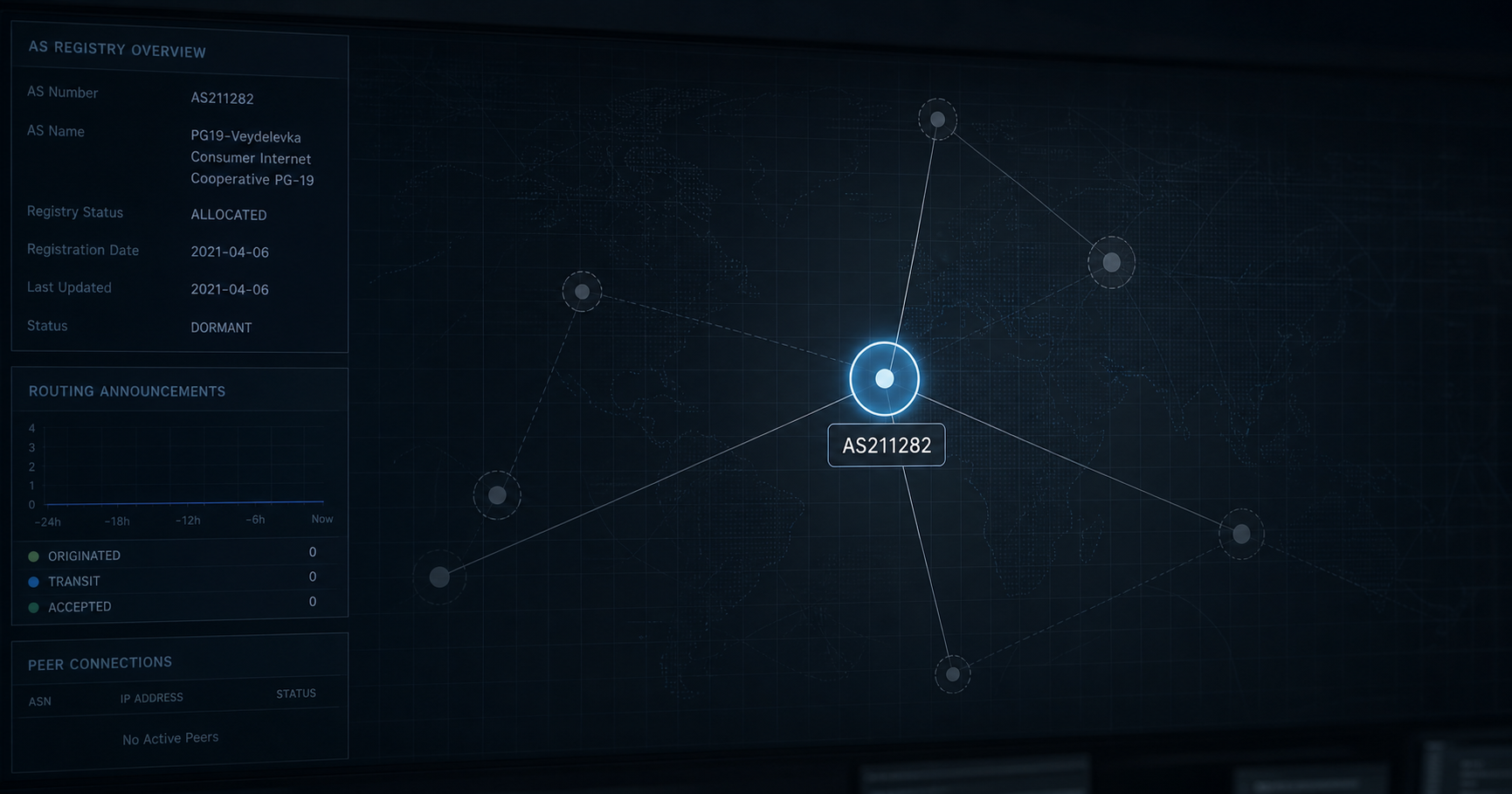 Abstract visualization of internet network routing nodes and registry data streams, without specific logos or identifiable locations.