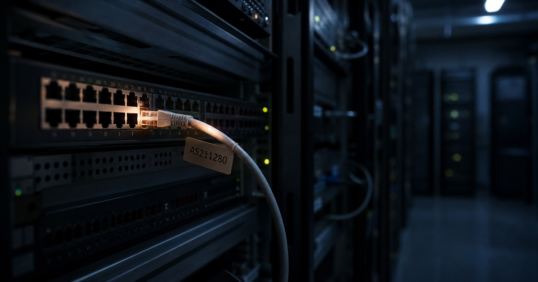 A dark server room with a single network cable labeled AS211280 glowing faintly, representing dormant network infrastructure.