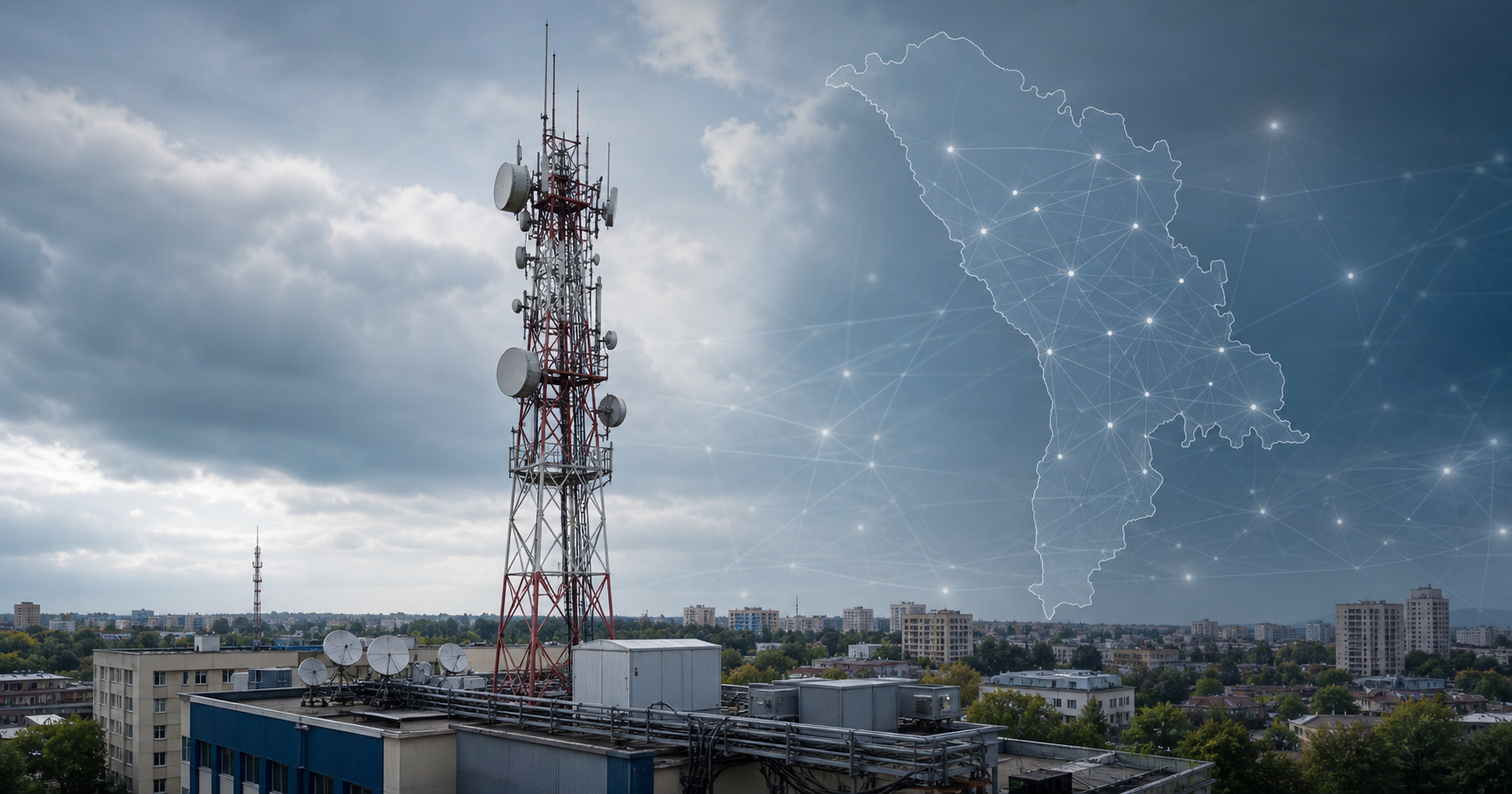 Illustration of a broadcast mast with network lines over Moldova, representing the dual media and internet infrastructure role.