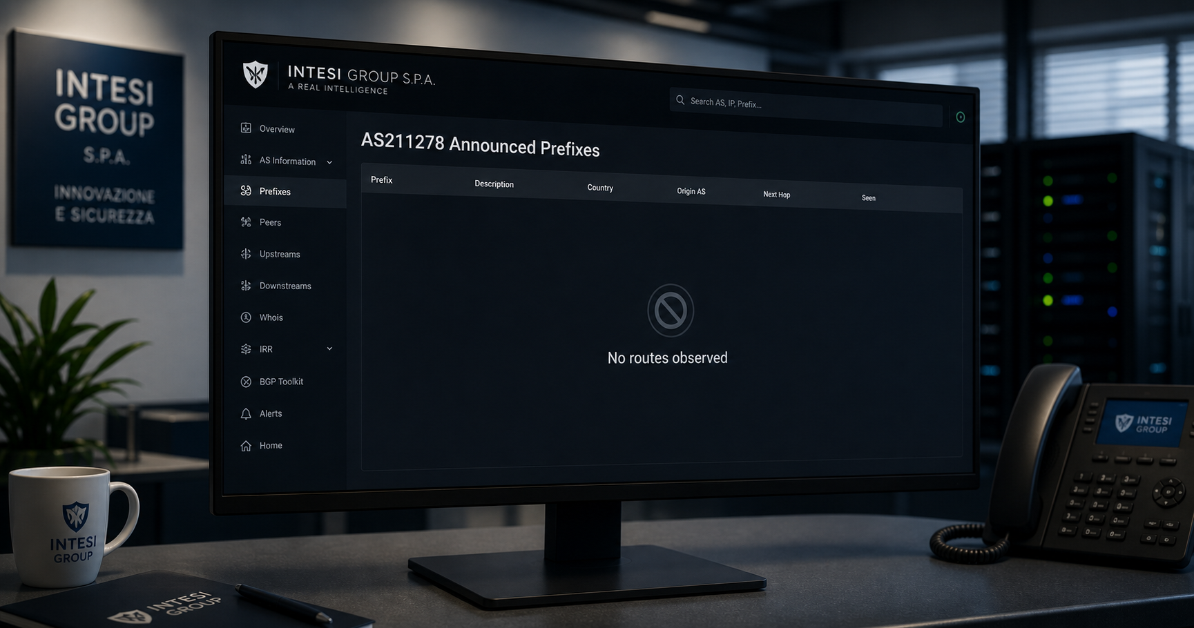 A subdued network operations screen displaying a BGP table with zero entries for AS211278, symbolizing the latent and dormant nature of the autonomous system.