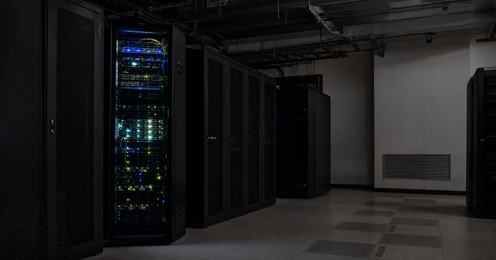 A dimly lit server room with a single glowing rack, representing potential but unverified infrastructure within the European internet region.