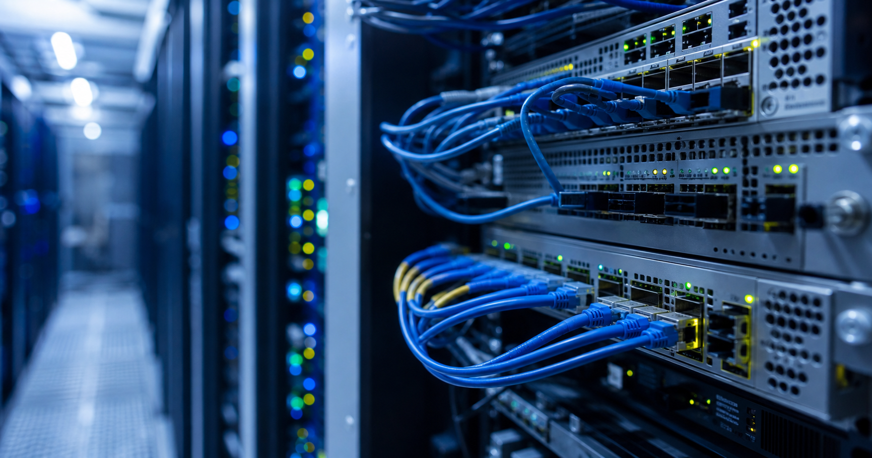A row of illuminated network switches in a data center environment, representing the latent routing infrastructure that could be activated by an autonomous system holder.