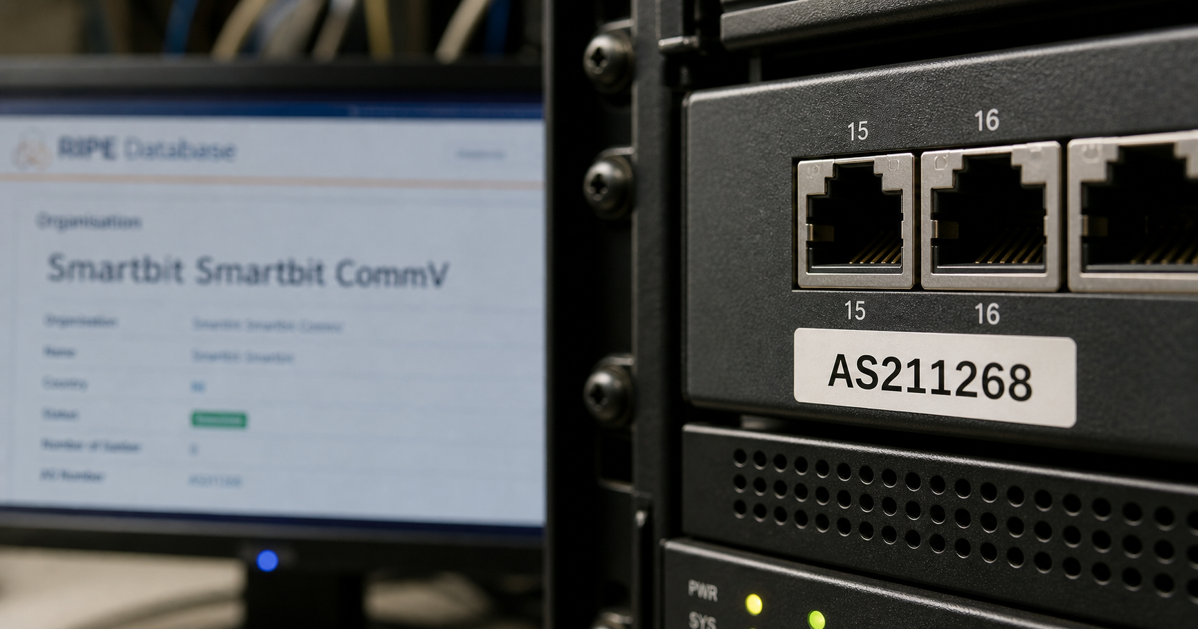 An unlit network switch with a cable labeled AS211268 plugged into a dormant port, overlaid with a faint RIPE database screen.
