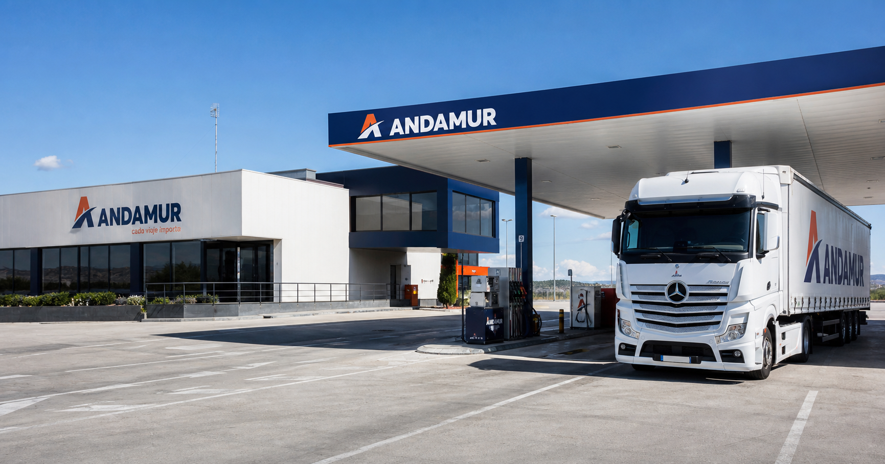 Exterior view of an Andamur-branded truck service station in Spain, showing fuel pumps, a heavy-goods vehicle, and Andamur signage.