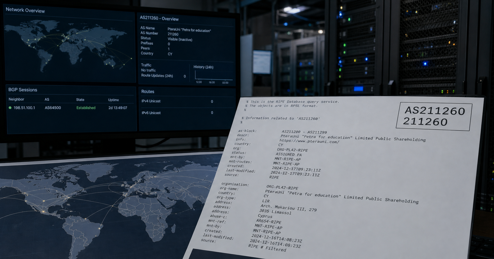Editorial illustration of a dormant internet routing table entry with the ASN 211260 highlighted, surrounded by faint network lines and a registry document symbol, set in a dimly lit datacenter.