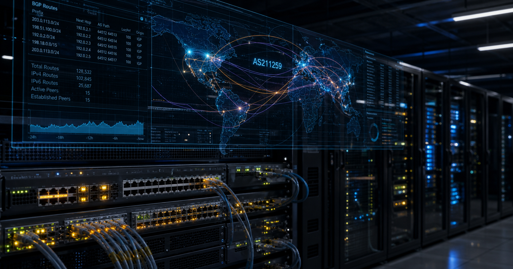 Illustration of a network operations center with routing topology graphics symbolizing the potential control surface of an autonomous system.