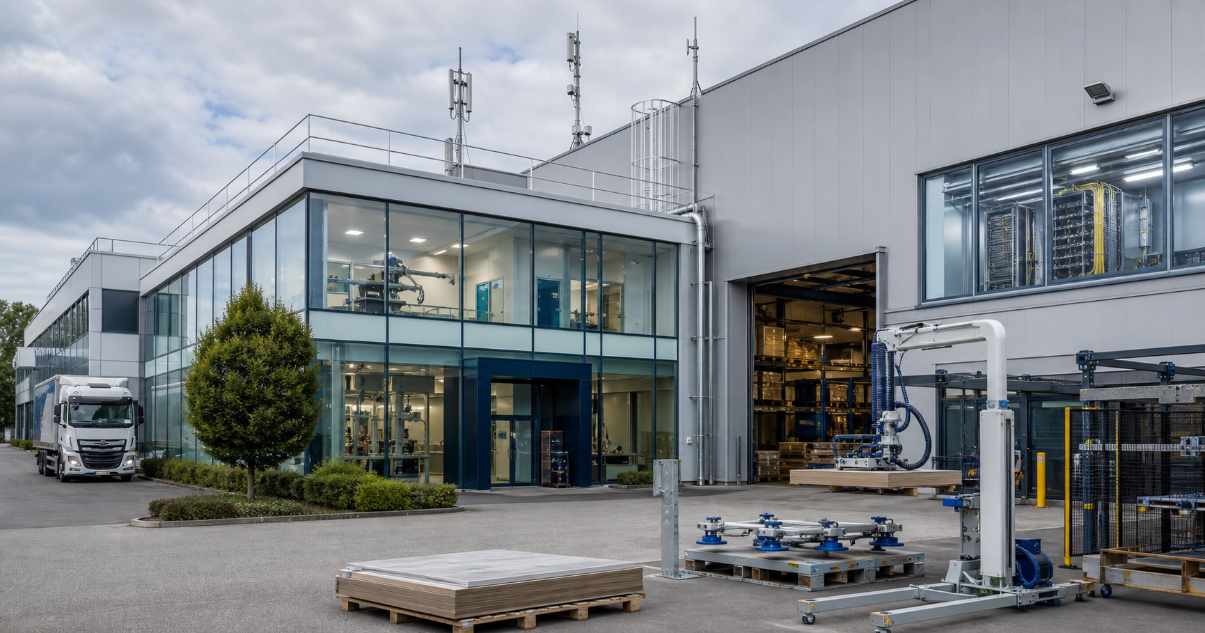 A modern industrial building with glass facade, the Schmalz logo visible near the entrance, and a technician operating a vacuum handling system in the foreground.