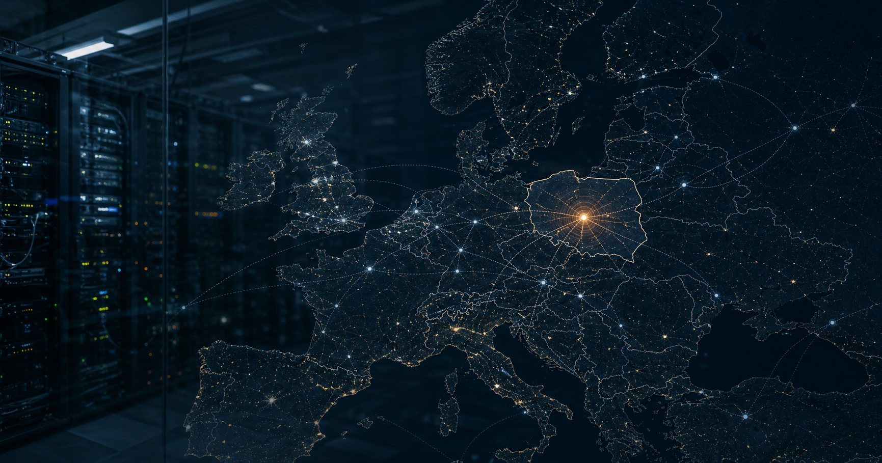 A digital illustration showing a map of Europe with bright active network lines across most regions but dim, transparent lines over Poland, where a single glowing point marks the location of OPTOMEDIA.