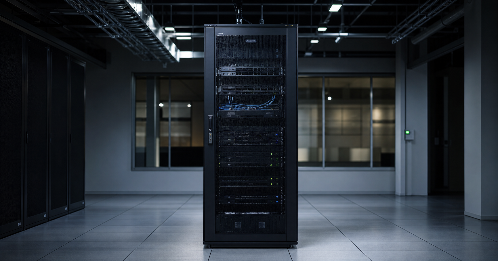 A dark server room with a single rack, most indicator lights off.