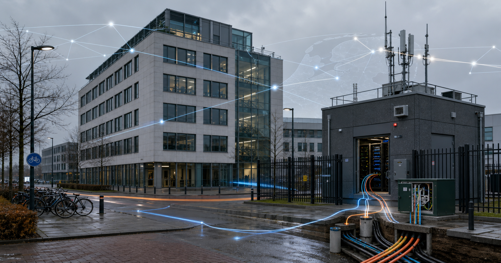 Editorial illustration of internet routing infrastructure with a subtle Dutch corporate context, reflecting the registry visibility of A1-DC A1 Internet BV.