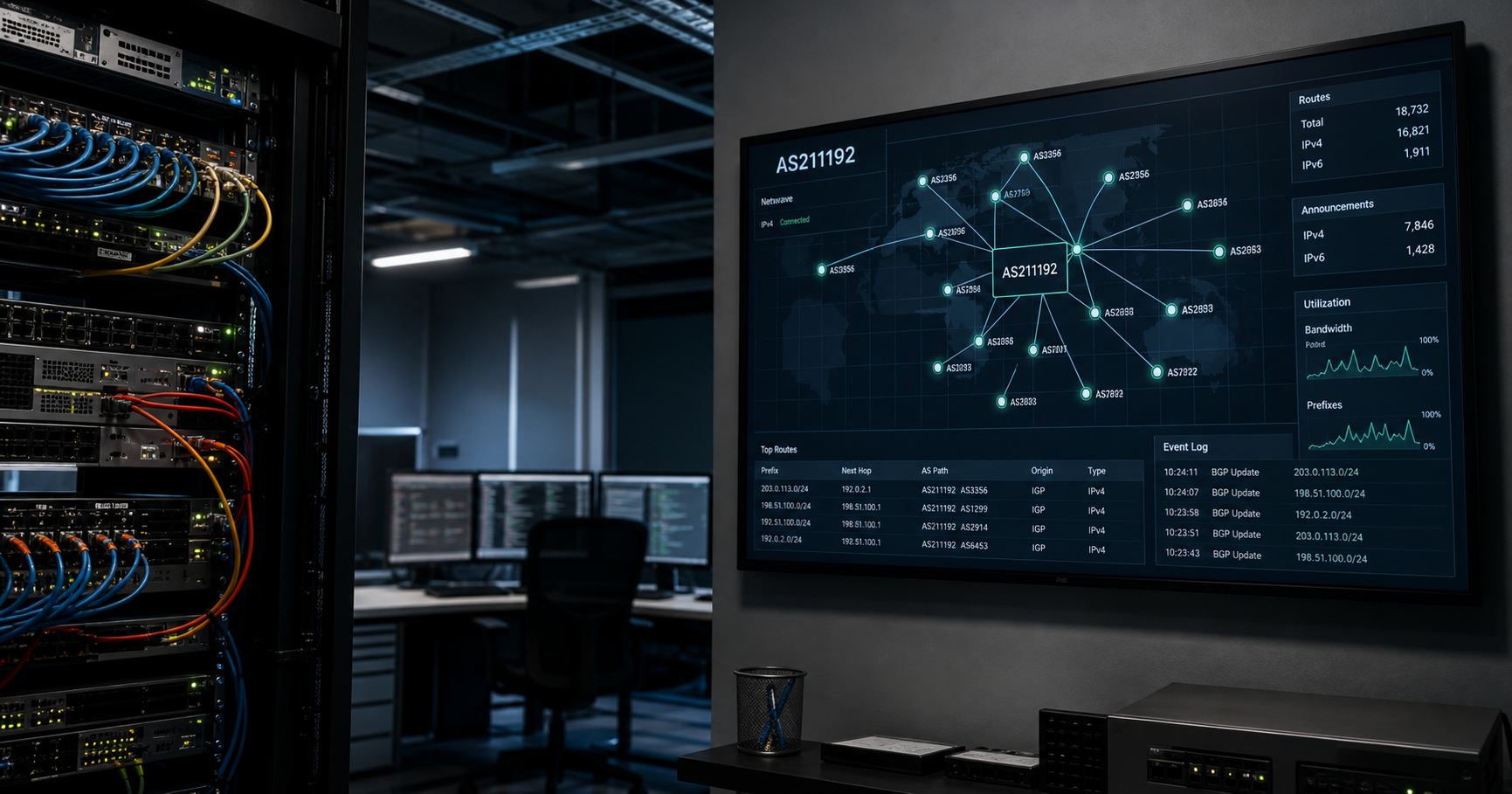 A darkened network operations center with a large screen displaying a network topology map and the text AS211192 in the corner, symbolizing the unseen potential of dormant network entities.