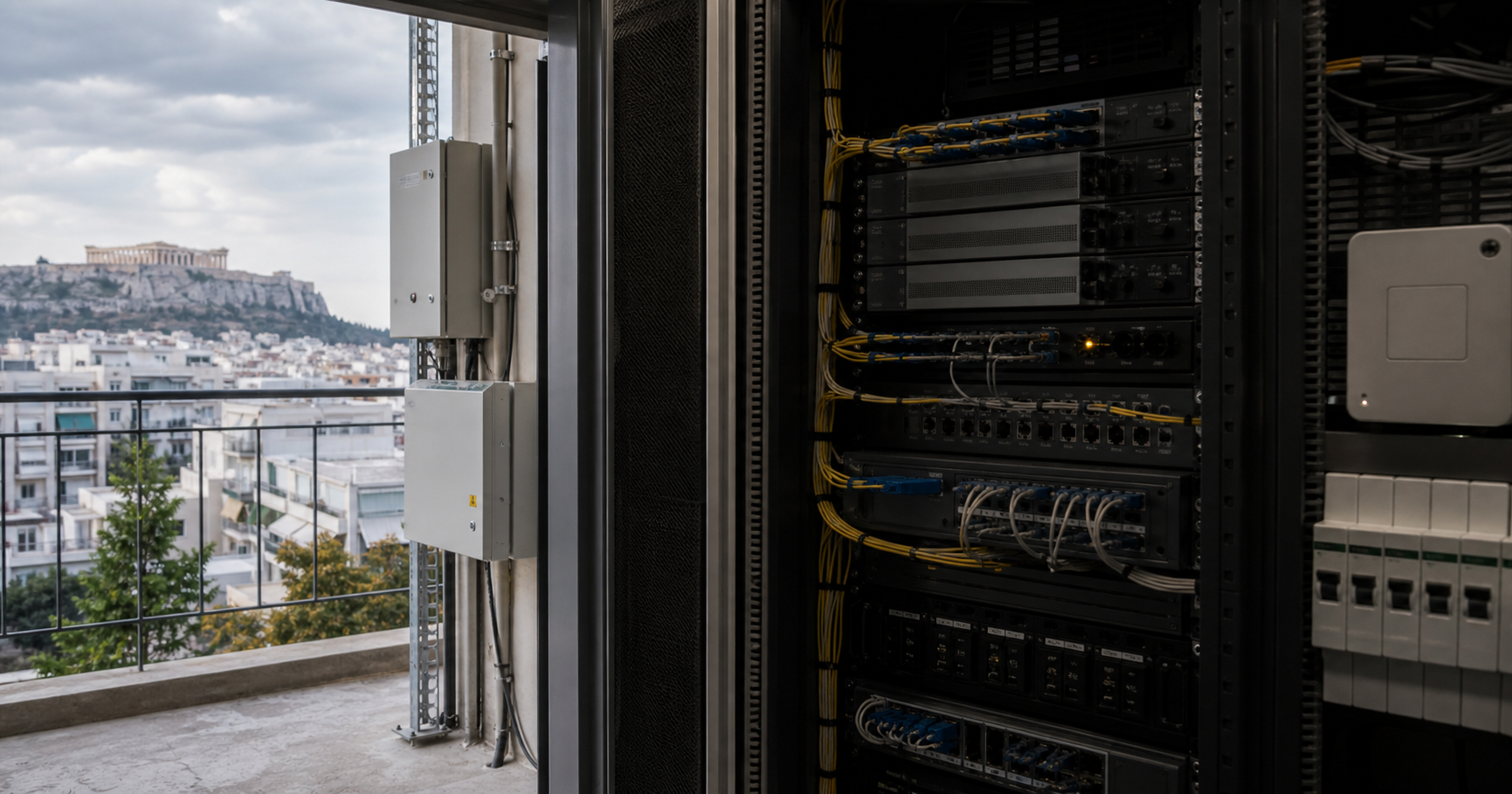 A dark network rack with an unconnected cable and a world map showing a dim marker for AS211186 in Greece, symbolizing an inactive network entity.