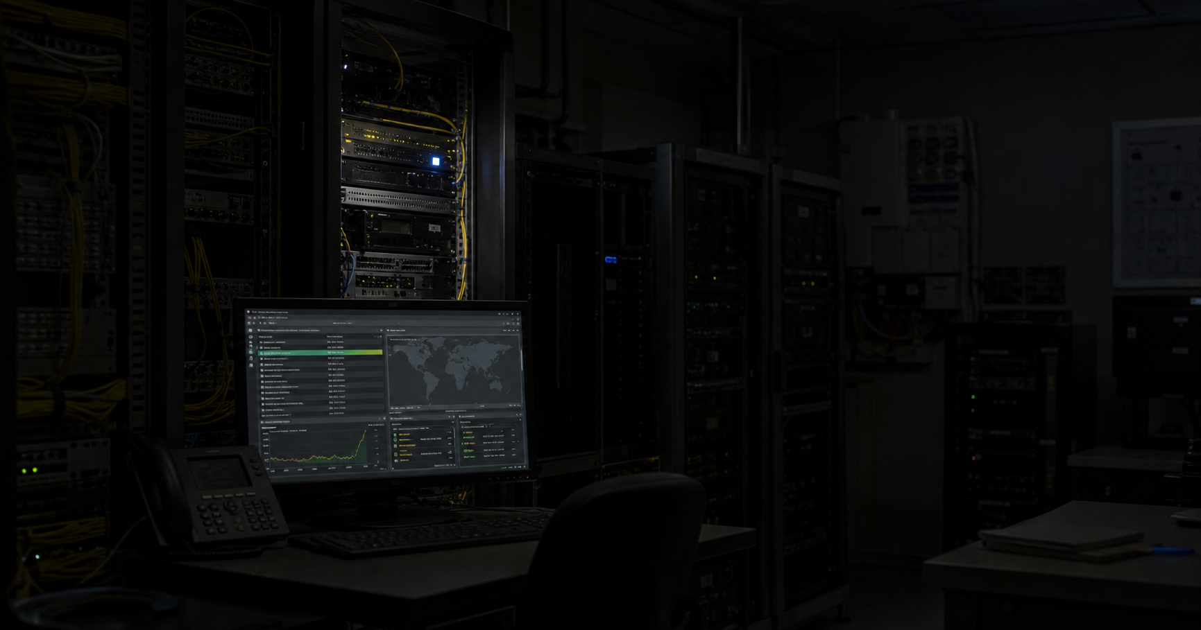 A dimly lit network operations center with a single monitor glowing, displaying the AS211181 registry entry; inactive equipment racks and a faint blinking router LED suggest latent potential.