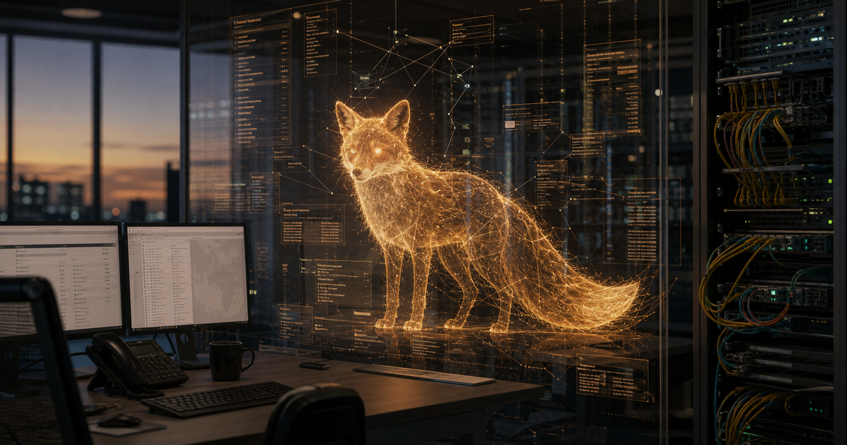 A luminous caramel-colored fox silhouette emerges from a web of registry lines and database nodes on a dark cyberspace background, symbolizing latent network infrastructure.