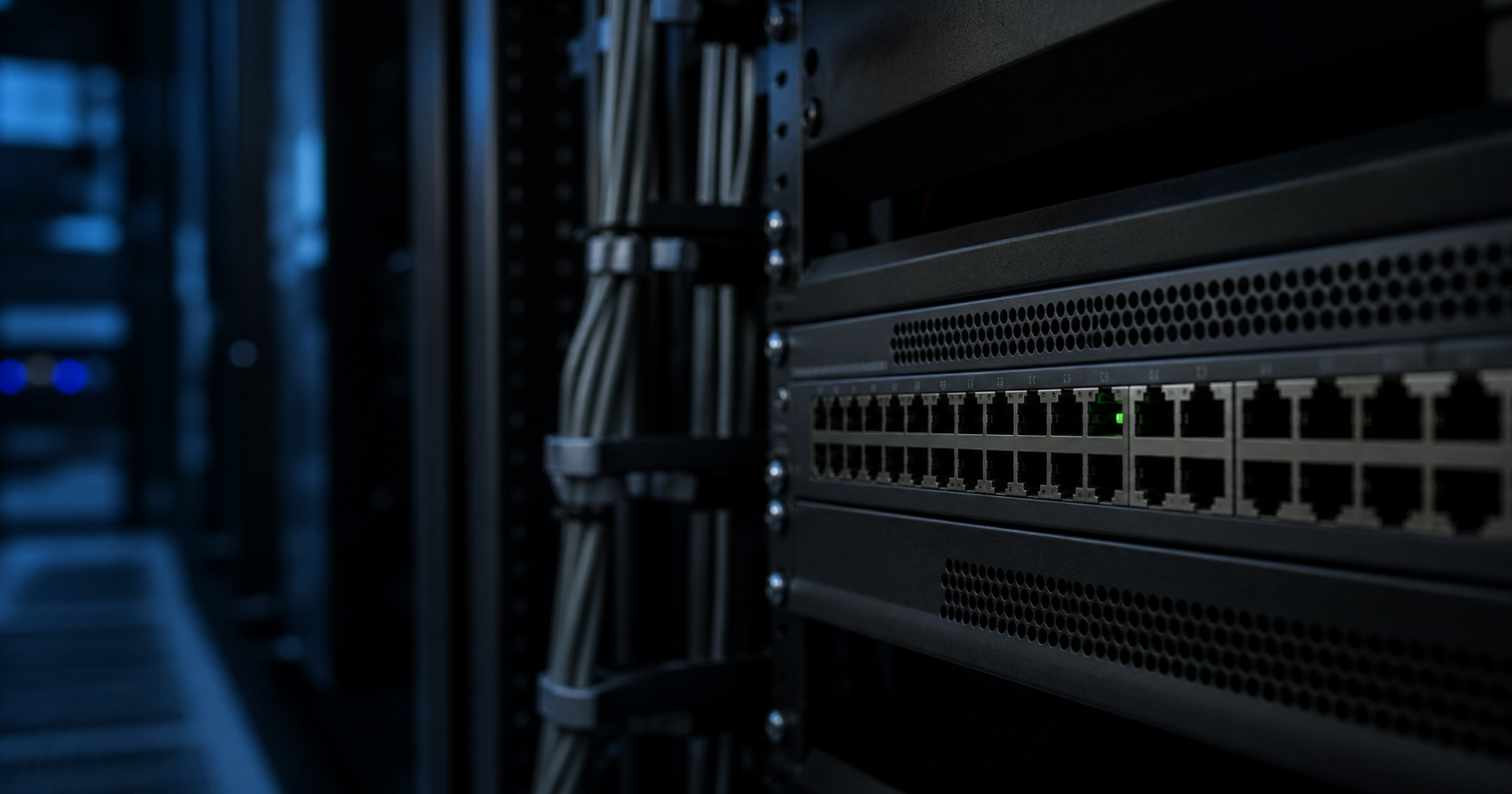 A dimly lit server rack with a single blinking LED on a network switch, labeled with the faint outline of 'AS211152', suggesting a dormant but registered autonomous system awaiting activation.