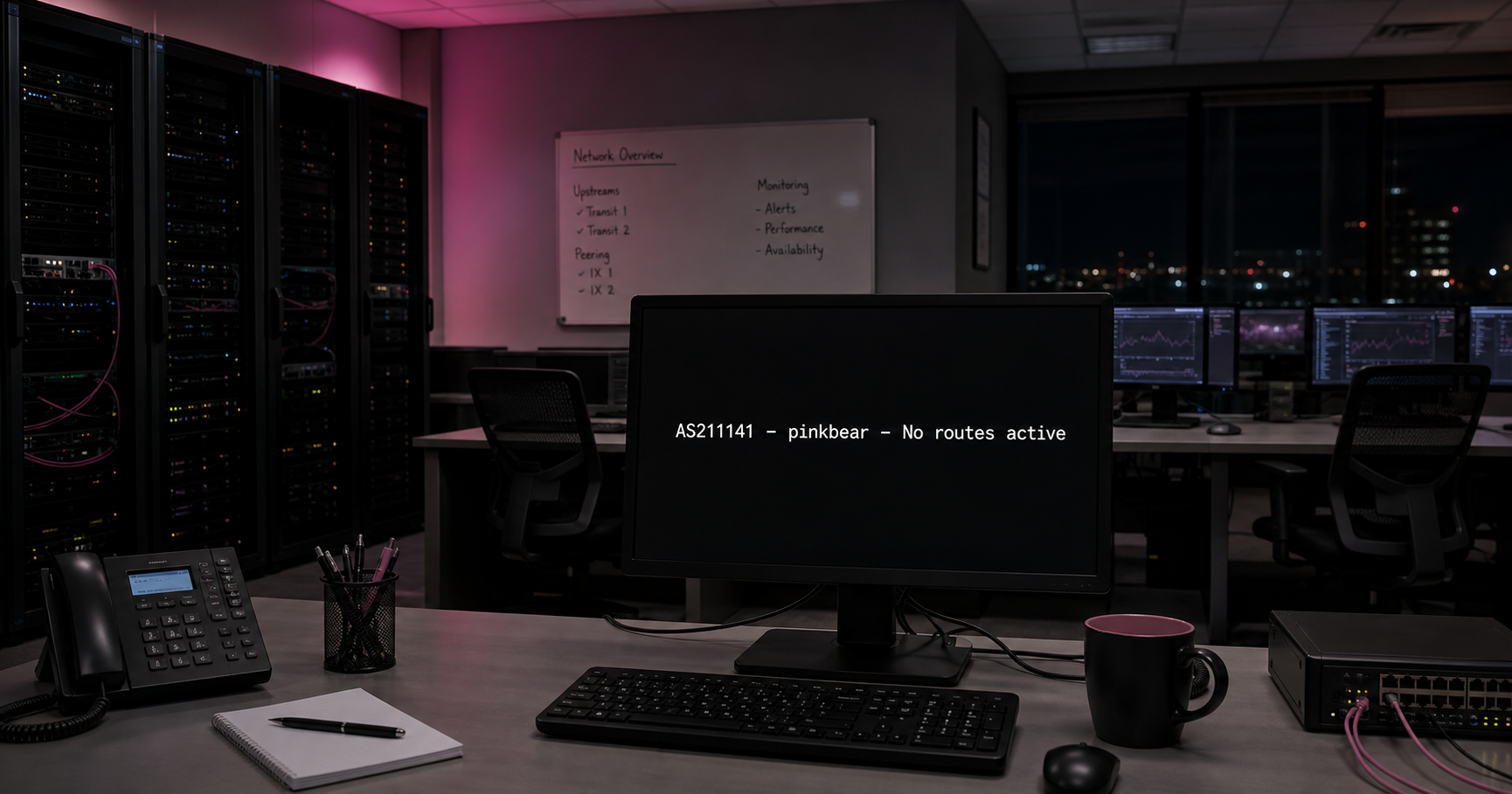 A dimly lit network operations center with a single monitor displaying the text 'AS211141 - pinkbear - No routes active'.