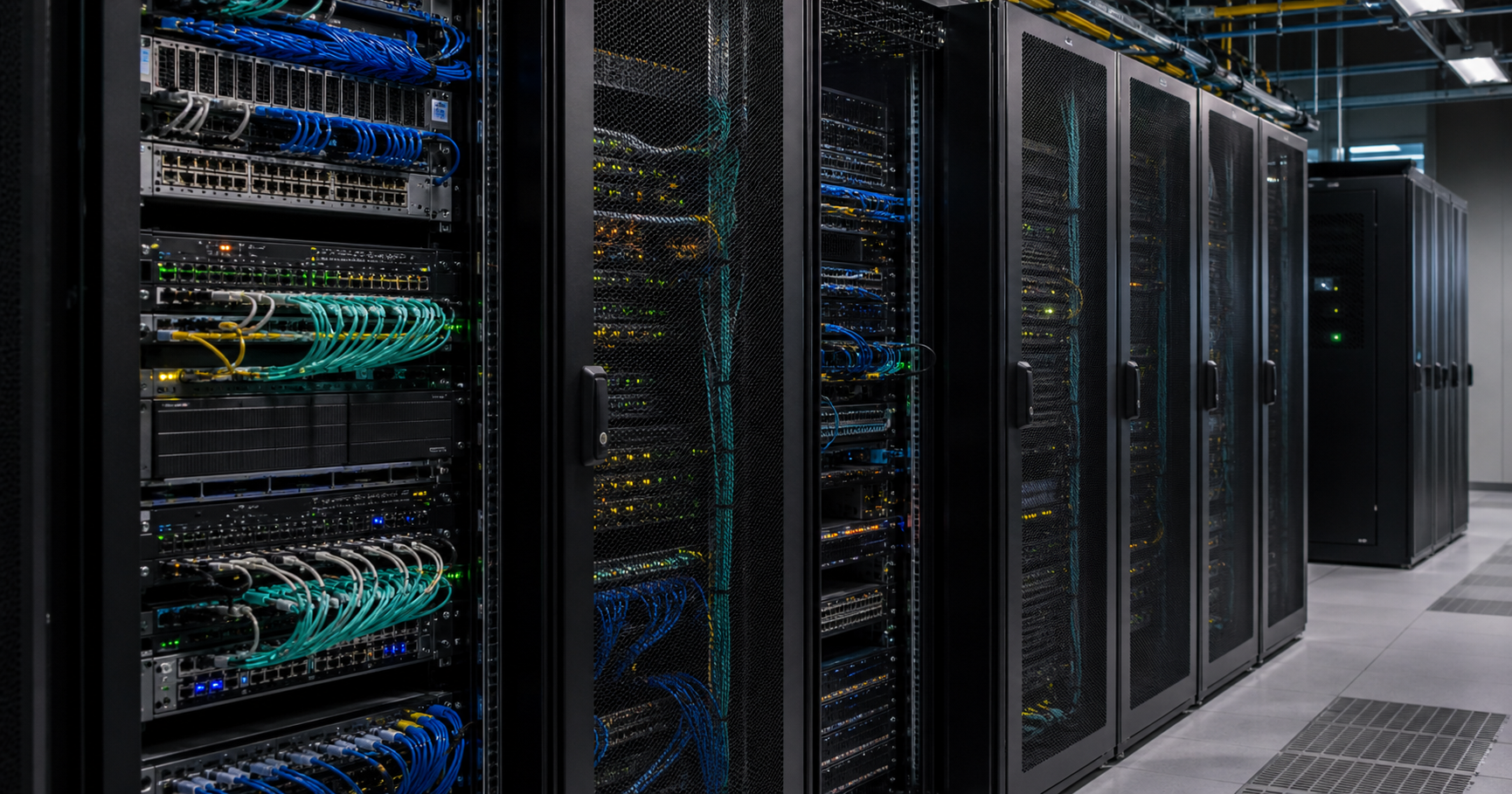 A server room with network racks and indicator lights.