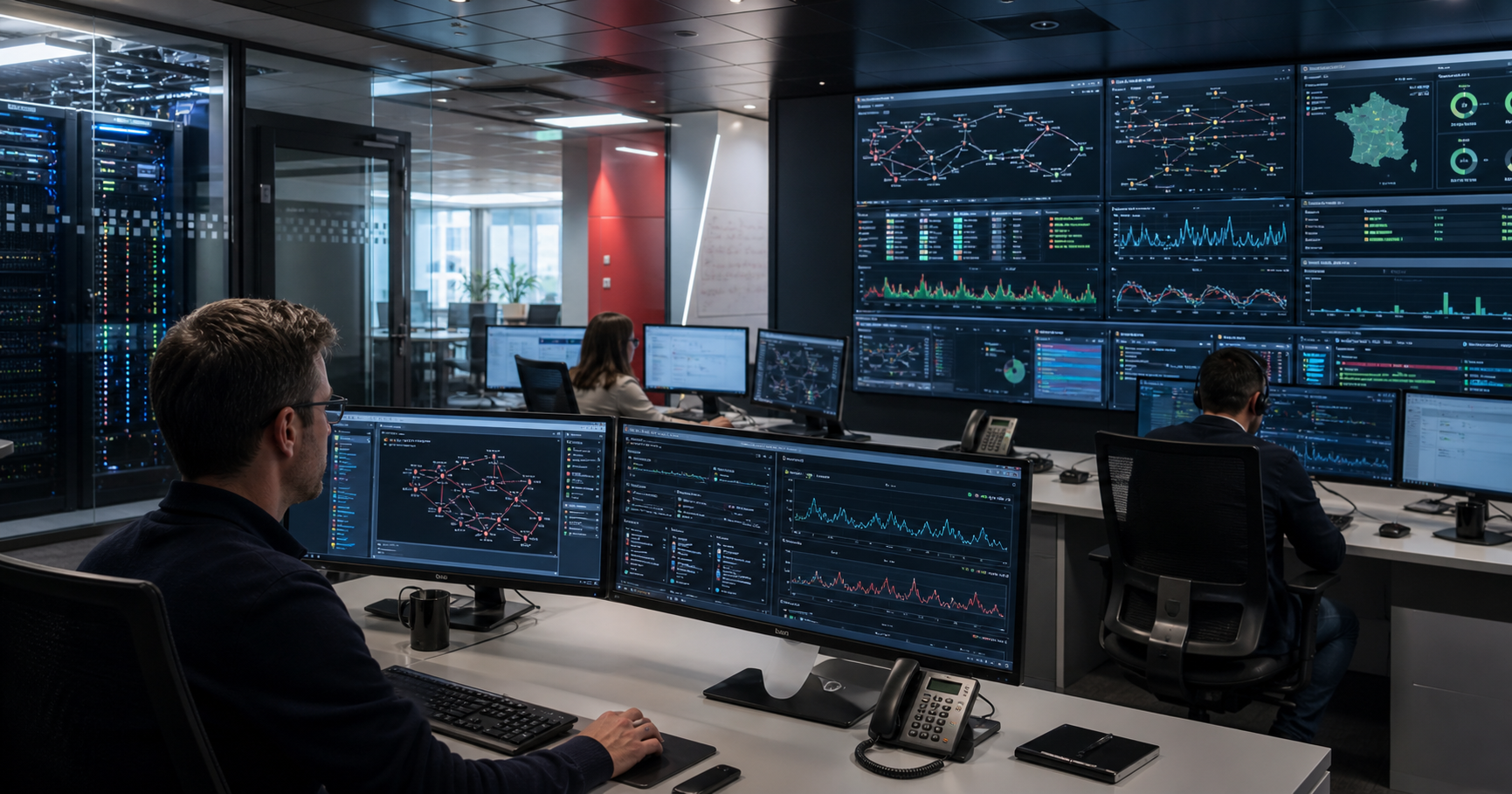 A network operations center at CGI France, with large screens displaying BGP routing tables and performance metrics.