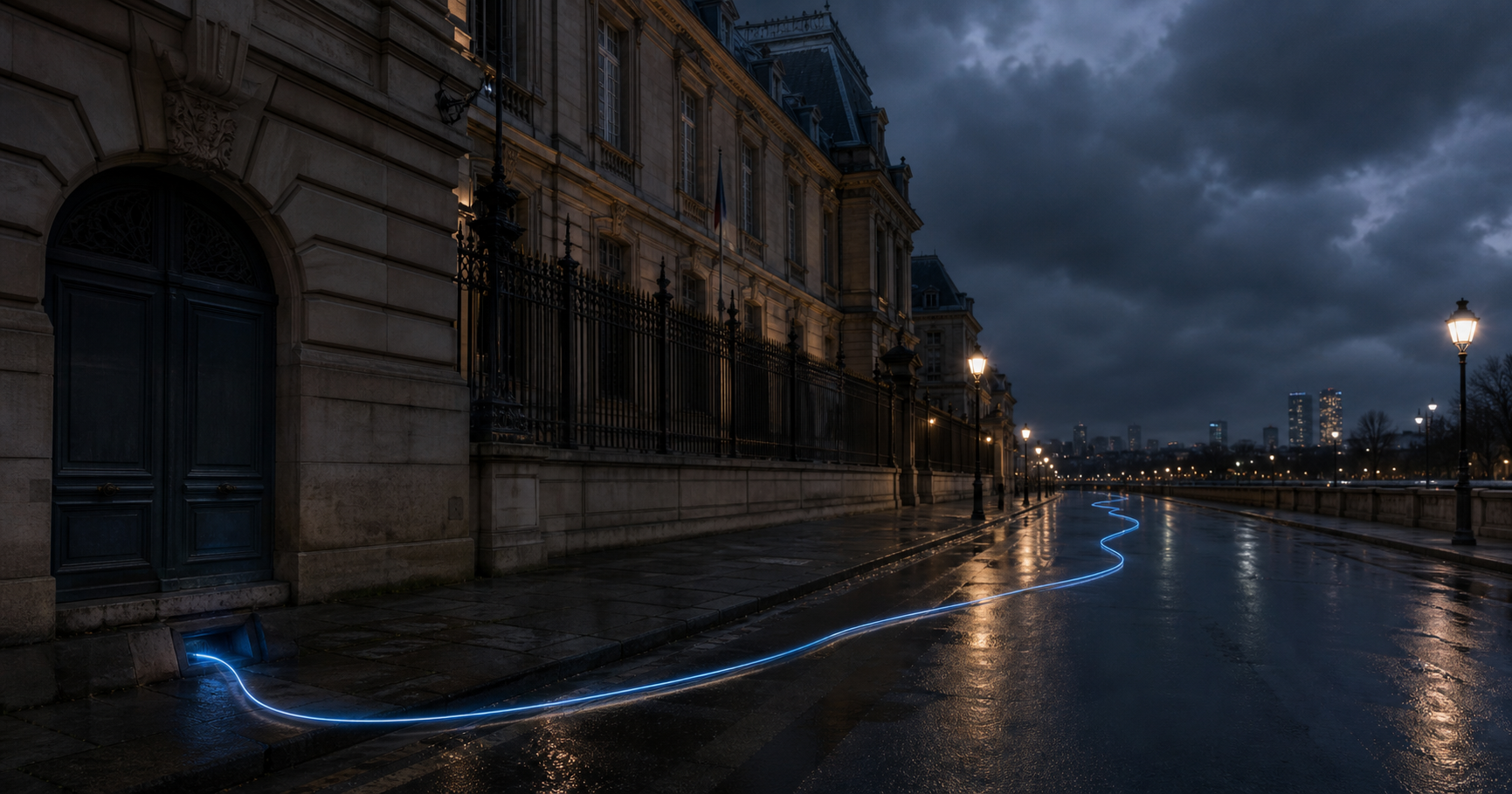 Illustration of the historic Banque de France building at twilight with a faint fiber-optic cable emerging from a basement window, symbolizing unconfirmed digital exposure.