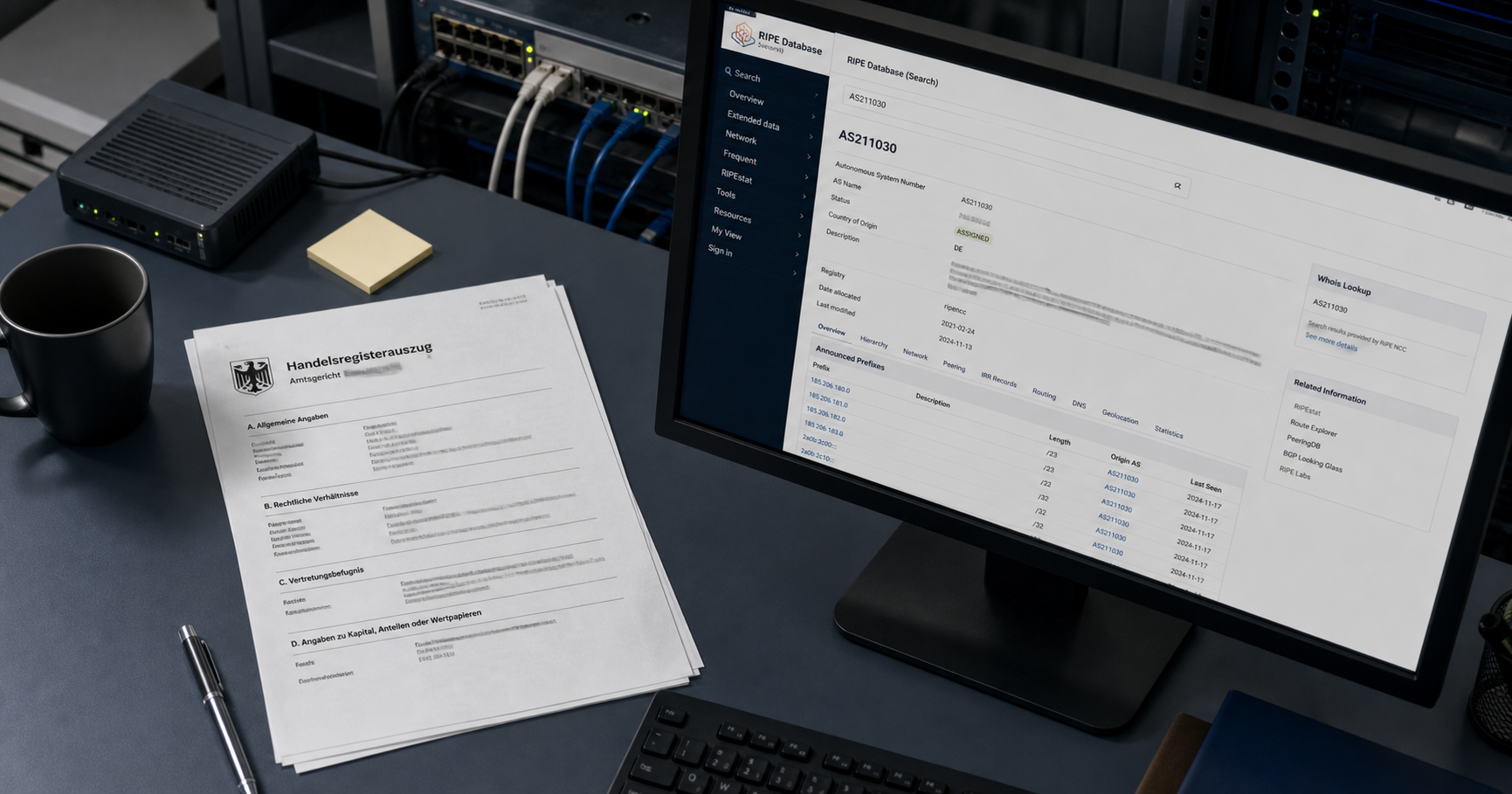 Illustration of a German commercial register document alongside a computer displaying RIPE registry information for AS211030, representing Deecite UG's internet registry presence.