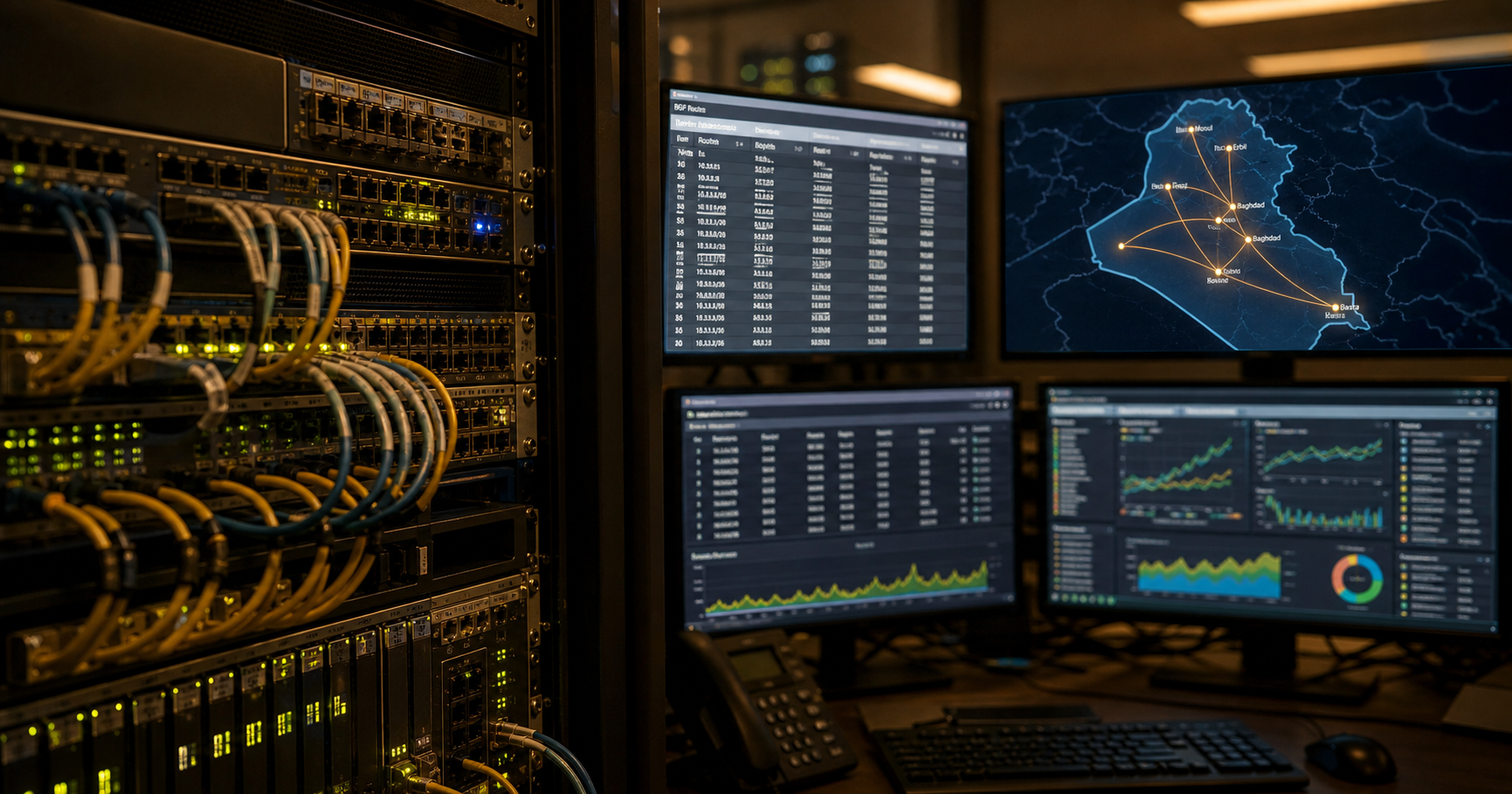 Artistic interpretation of a network operations center monitoring BGP routes through Iraq, with a glowing digital map showing interconnectivity.