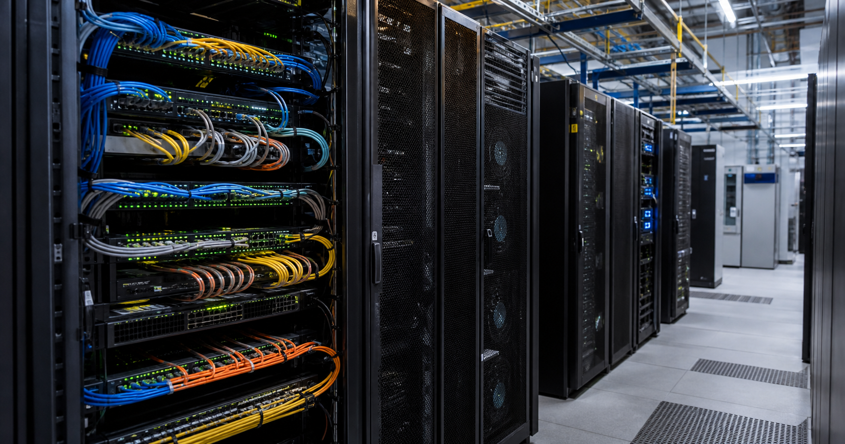 A stylized server room with network cables, blinking LED lights, and glowing racks, no people, suggesting 24/7 network operations infrastructure.