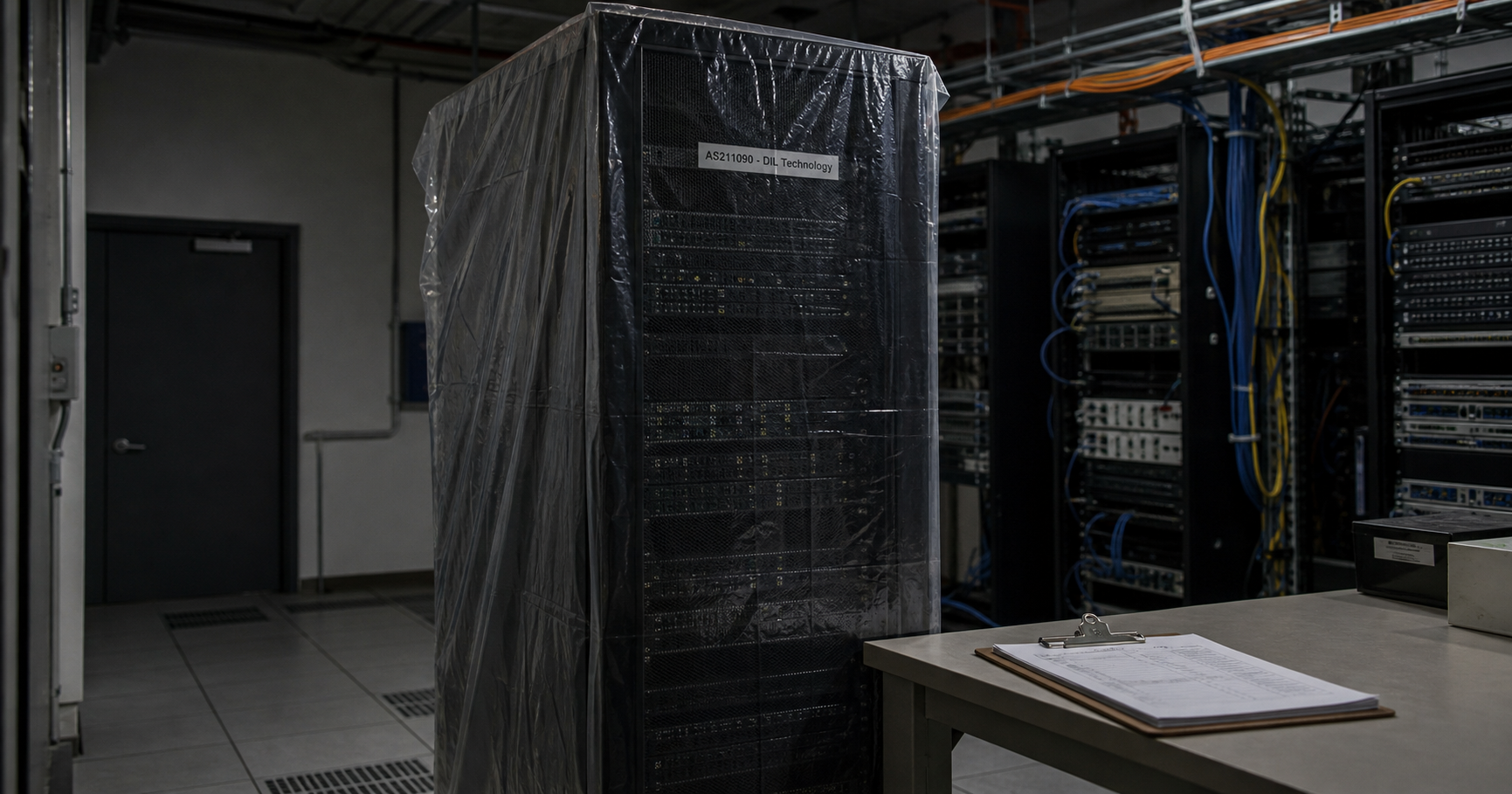 A dimly lit network operations room with a covered equipment rack labeled AS211090, indicating dormant infrastructure.