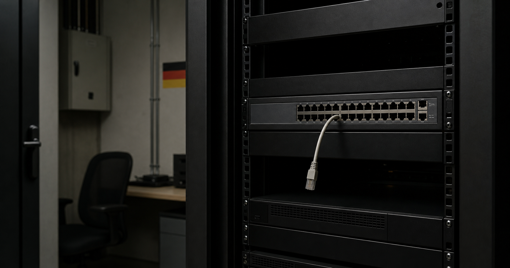 A dimly lit server rack with a single disconnected Ethernet cable, a monitor displaying 'Prefixes: 0' for AS211088, and a calendar with a circled future date.