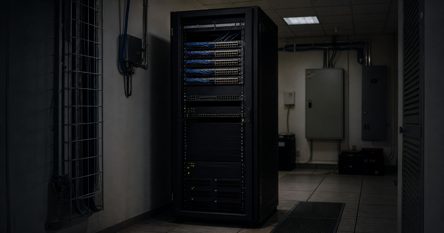 A dim server room with a single amber LED on a network switch.